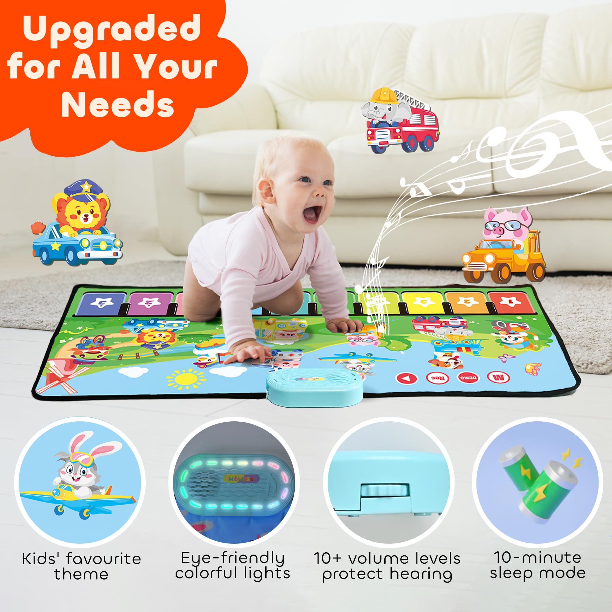 MOMUSE Piano Music Mat with 80 Sounds, Musical Play Mat Built in 10 Animals & 10 Cars, Toddlers Educational Toys 1-3 - Image 2