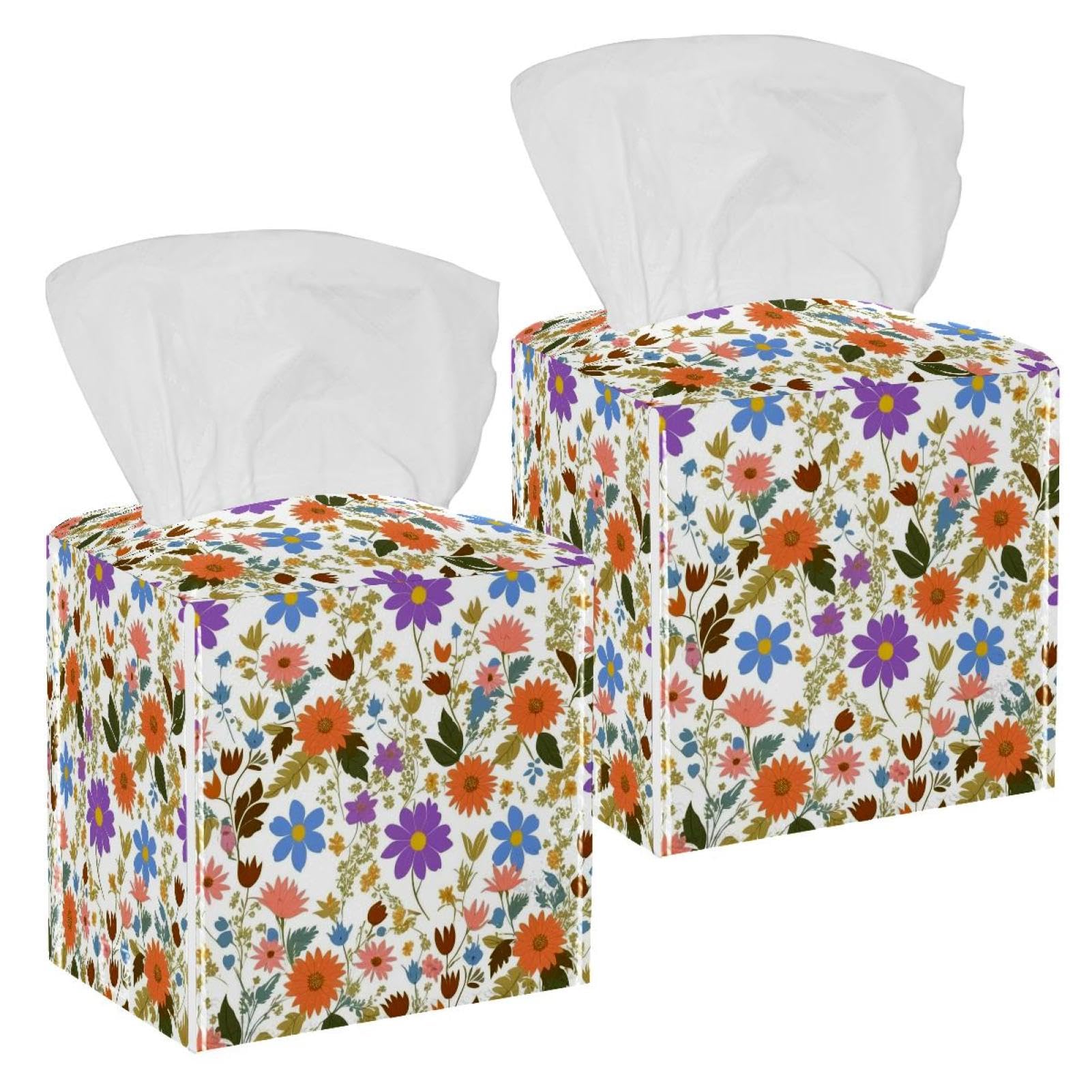 Aesthetic Flower Tissue Box Cover, 2 Pack PU Leather Square Facial Tissue Dispenser Box holder for Home Office Car