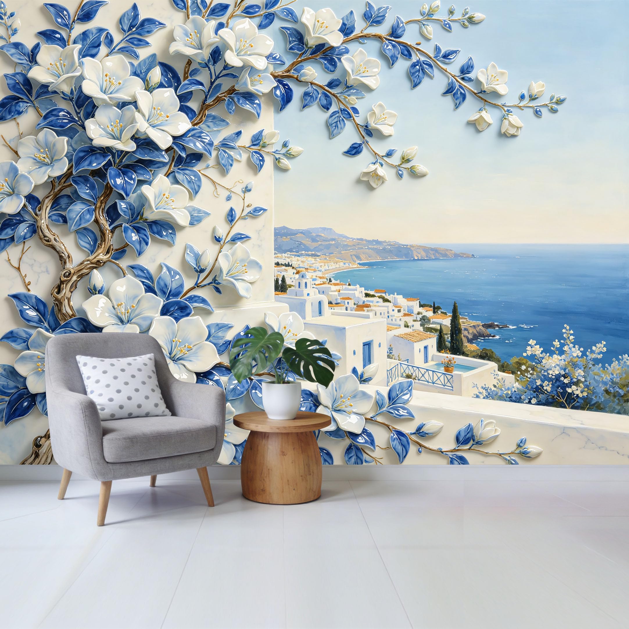 Qzlithotic Yq2605250492 Custom Size Wall Mural 3D Mediterranean Coastal Blue White Flower Sea View Trompe L'oeil Selfadhesive Wall Fabric Removable Wallpaper For Home Office Decor