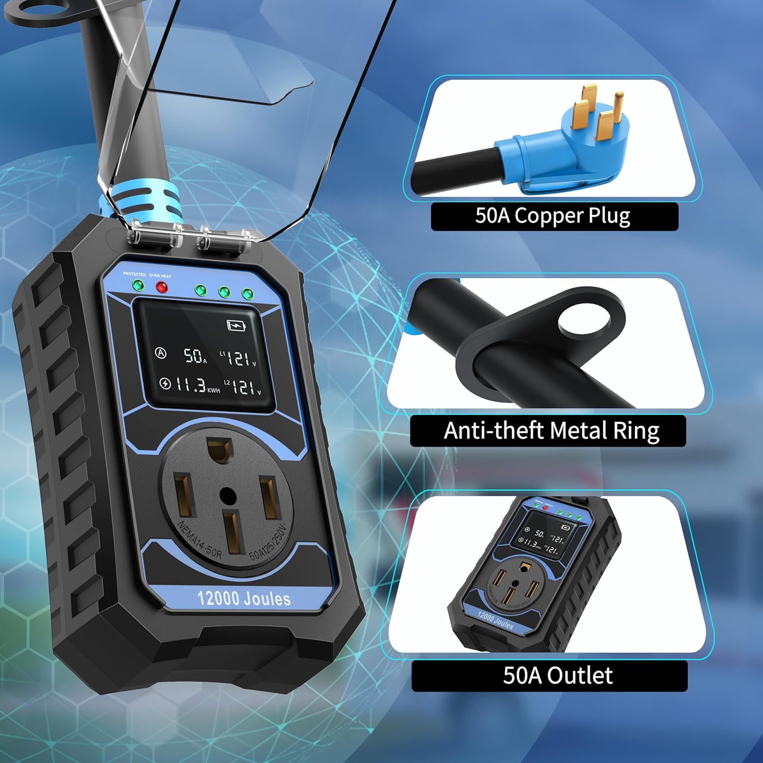 RV Surge Protector 50 Amp Smart RV Circuit Analyzer With LED Real-time Display voltage current KWH 12000 Joules Portable Waterproof RV Surge Protector for Camper Travel Trailer Rv Accessories