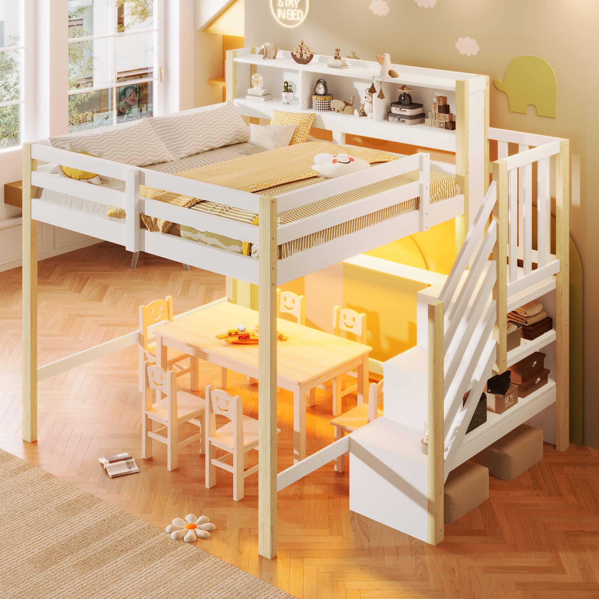 BTM Holz Hochbett 140x200 mit Stauraum und LED-Leuchten Kinderhochbett mit Rausfallschutz, Treppe Weiß+Natur
