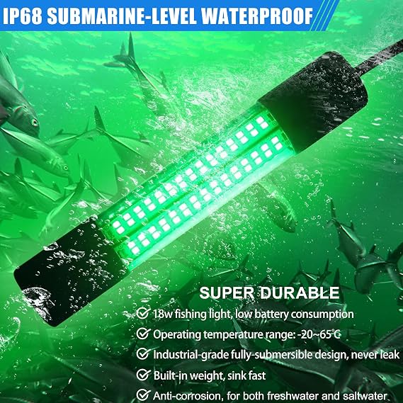 Underwater Fishing Light 12V LED Night Fishing Green Light Submersible Fish Finder Bait Attractor for Docks Boats Kayaks, Freshwater Saltwater Bass Snook Crappie Squid Shrimp
