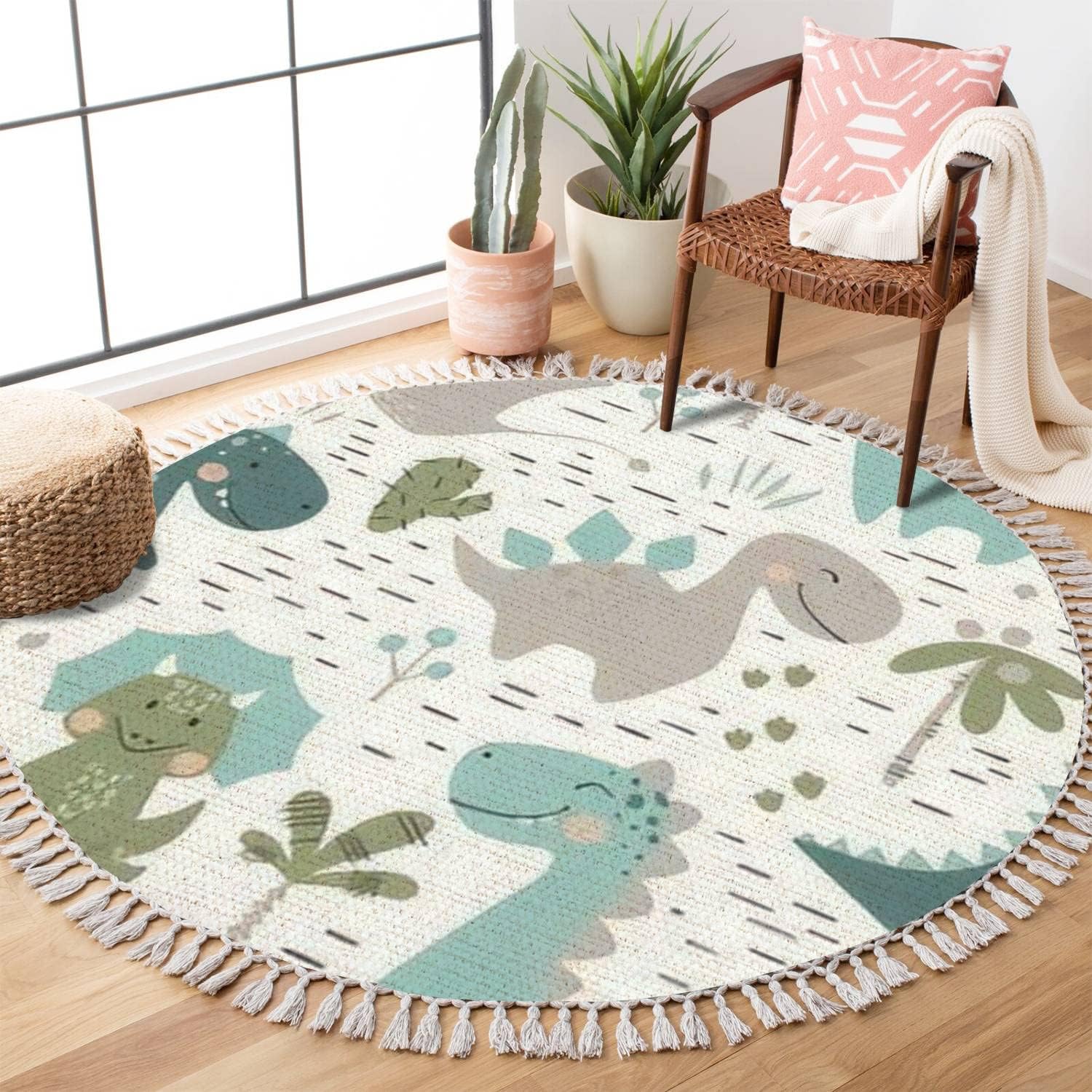 Round Rugs Dinosaur Baby boy Childish Sweet Dino with Palm & Cactus Boho Area Rug Linen & Cotton Carpet Meditation Rug Washable Hallway Runner Mat Accent Rug for Bedroom Bathroom 3ft, Multicolor
