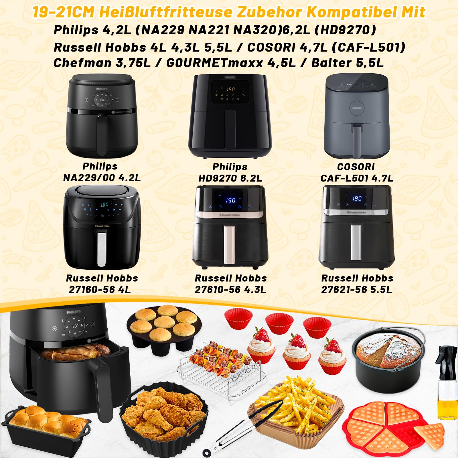 Heißluftfritteuse Zubehör Airfryer Zubehör für Philips 2000 Series NA229/00 | Für Philips Airfryer 2000 Series NA229/00 NA220 4,2L HD9270 6,2L Russell Hobbs 4L 4,3L 5,5L Backpapier Backform Ölspray, usw.