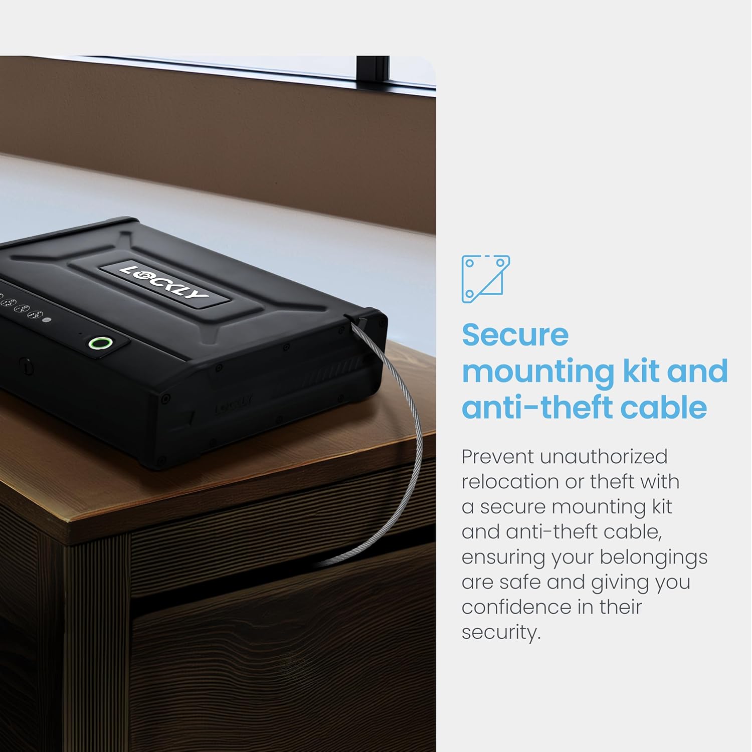 Lockly Smart Safe secured with an anti-theft cable to furniture