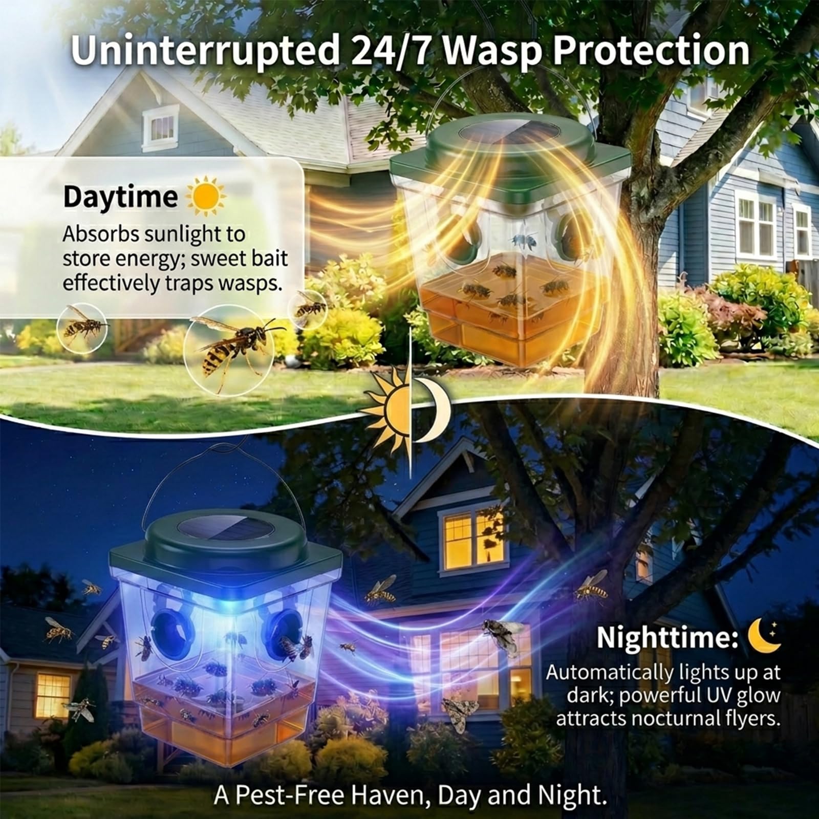 Lot de 4 pièges à guêpes solaires à suspendre pour l'extérieur : pièges jaunes réutilisables avec lumière LED – Pièges à abeilles de charpentier efficaces à énergie solaire pour terrasse – Dissuasif