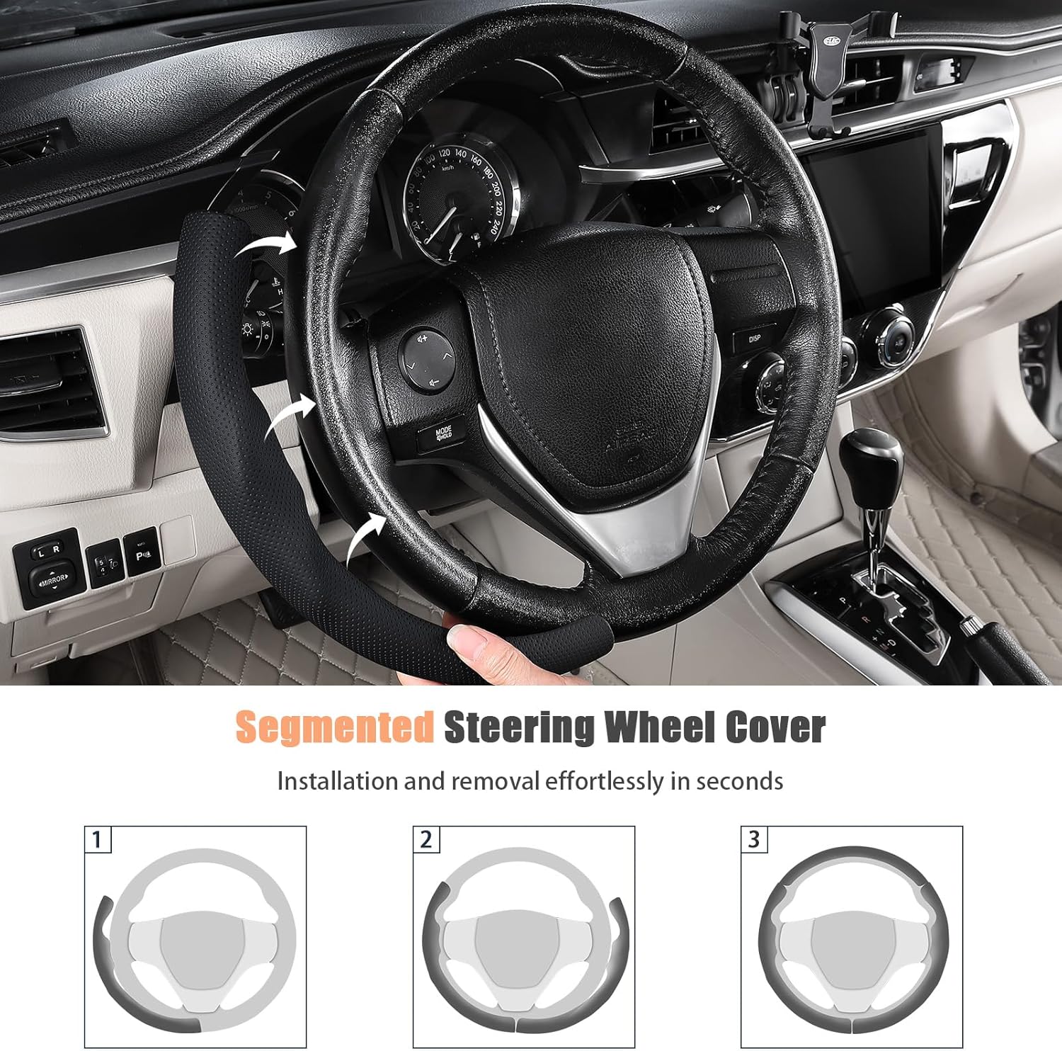 Aimato Customized Steering Wheel Cover for Toyota Corolla 2014-2019 / RAV4 2013-2018, Thin,Anti-Slip,Scratch-Resistant Exclusive Car Accessory for Toyota, Nappa Black