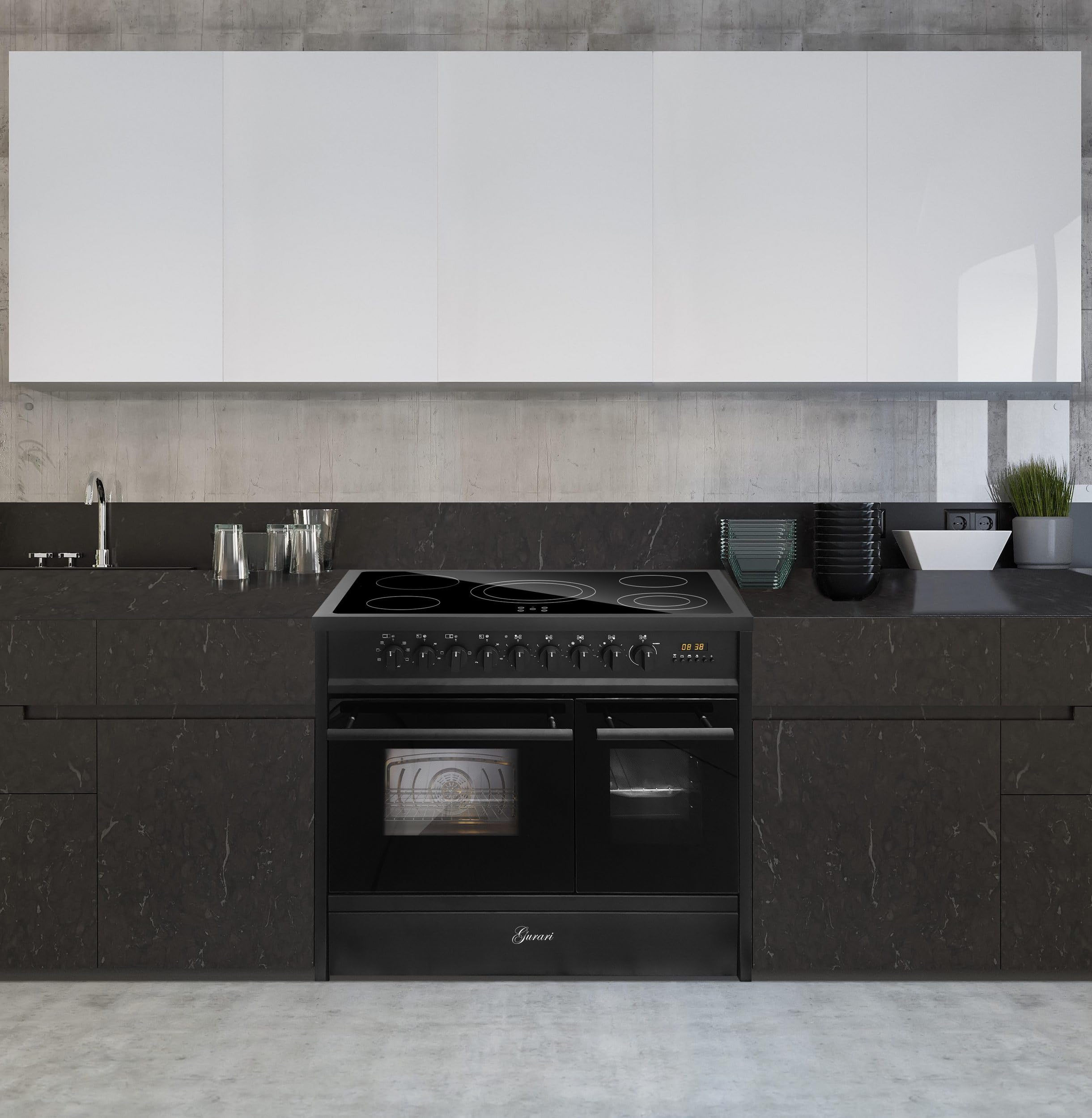 GURARI Cuisinière électrique GCH E 912 DF BL+GCH 046 Bl 9 - Cuisinière électrique sur pied 90 cm avec rallonge télescopique 1 compartiment - Double four + hotte aspirante 90 cm