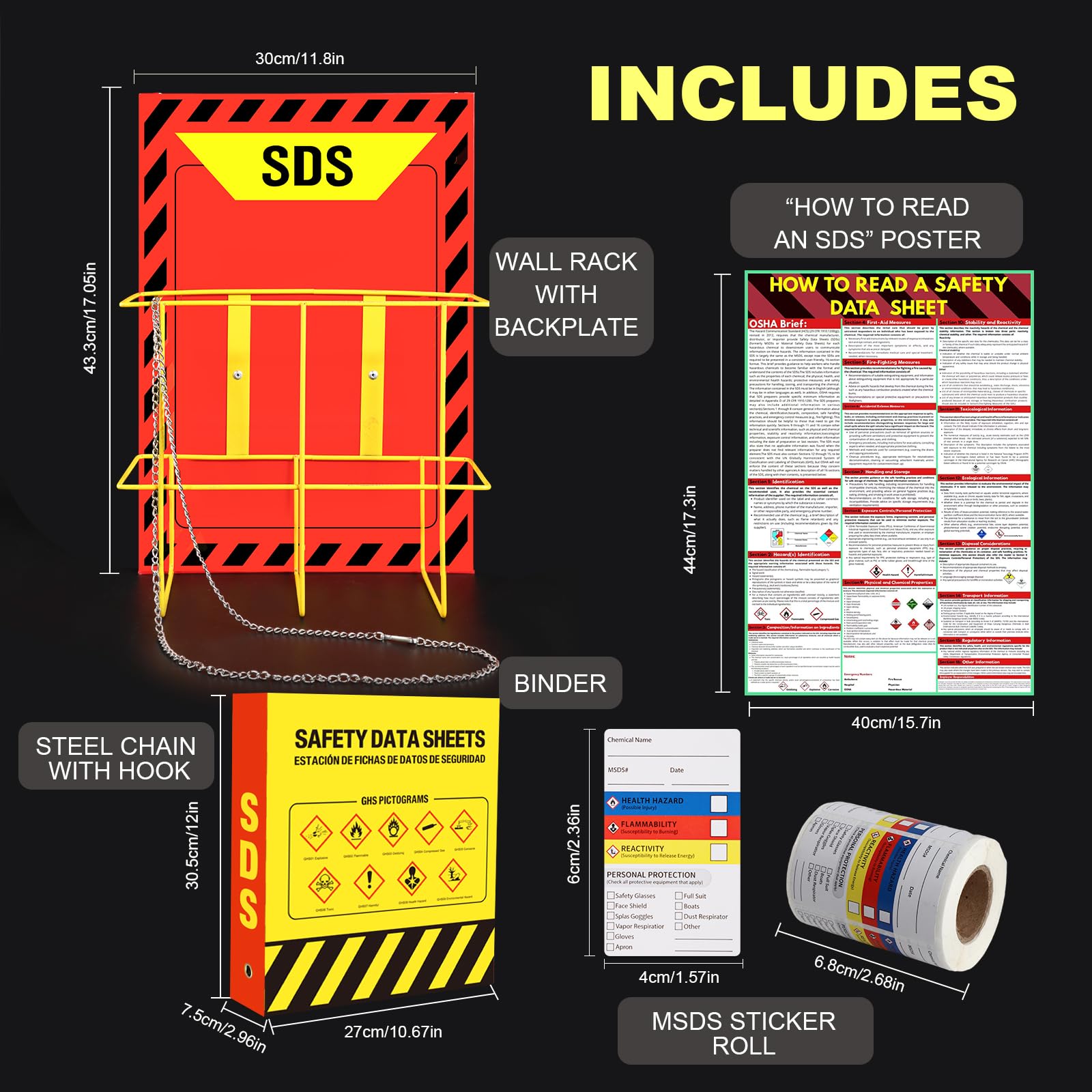 Lontcs MSDS SDS Binder and Wall Station Set,Yellow Heavy Duty 3 Inch Material Safety Data Sheet 3 Ring Binder with SDS Wire Rack and Display Sign,Chain,Safety Posters,MSDS Labels,Binder Wall Mount — Amazon image 2