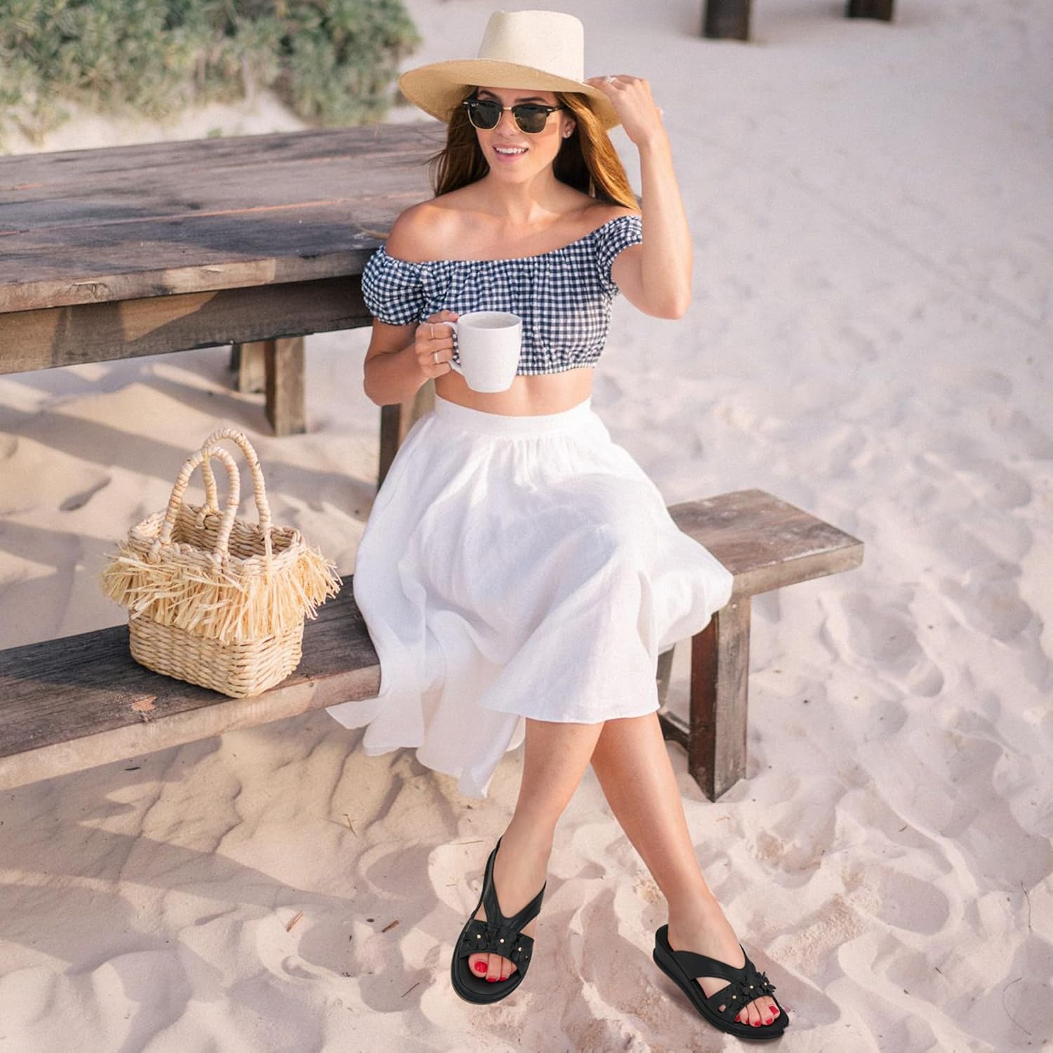 Ecetana Sandals for Women Wedge Slides Dressy Summer Comfortable Memory Foam Slip on Casual Platform Shoes