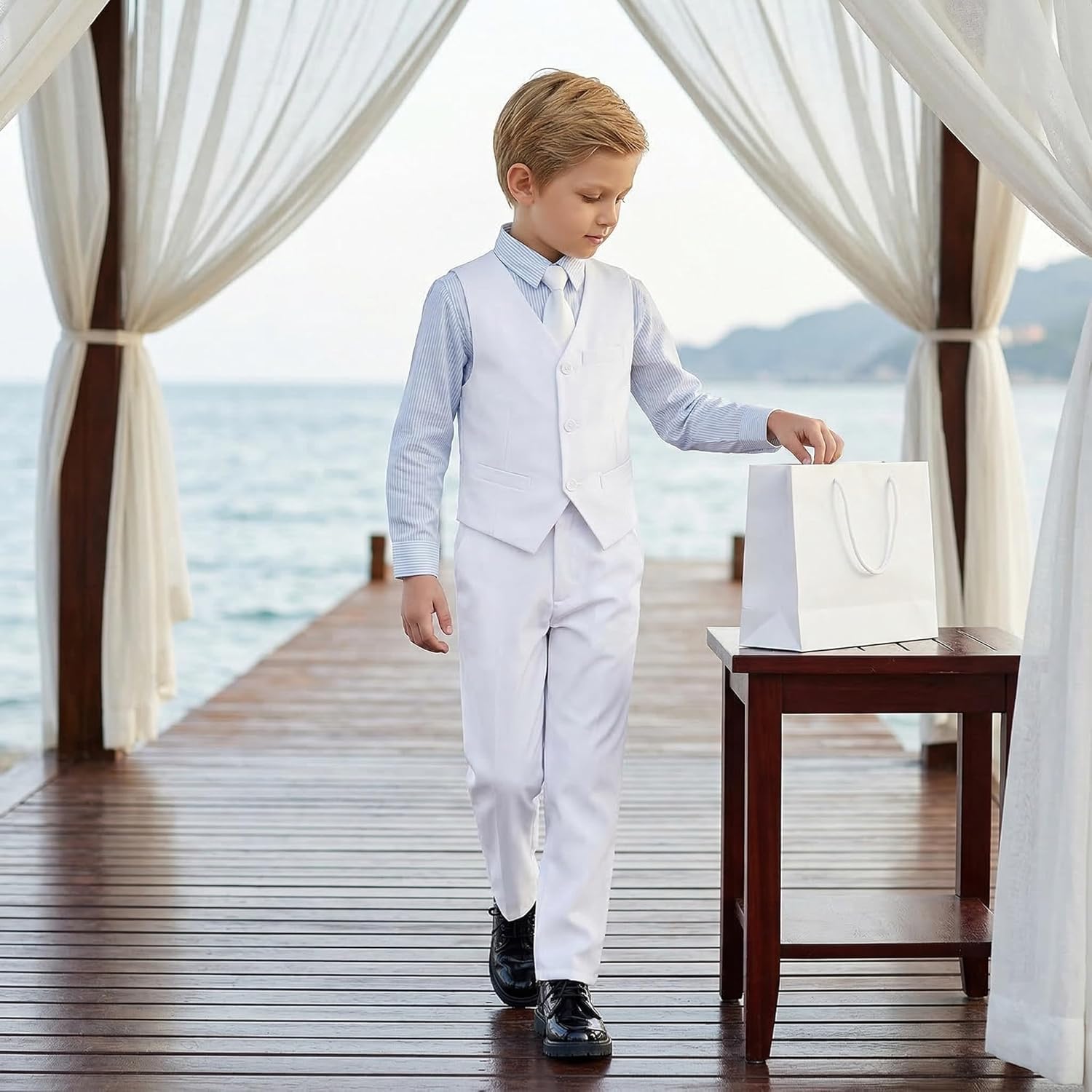 Boys 4 Pieces Suits Slim Fit Kids Outfits Vest Pants Sets Black Blue Formal Dresswear for Boy