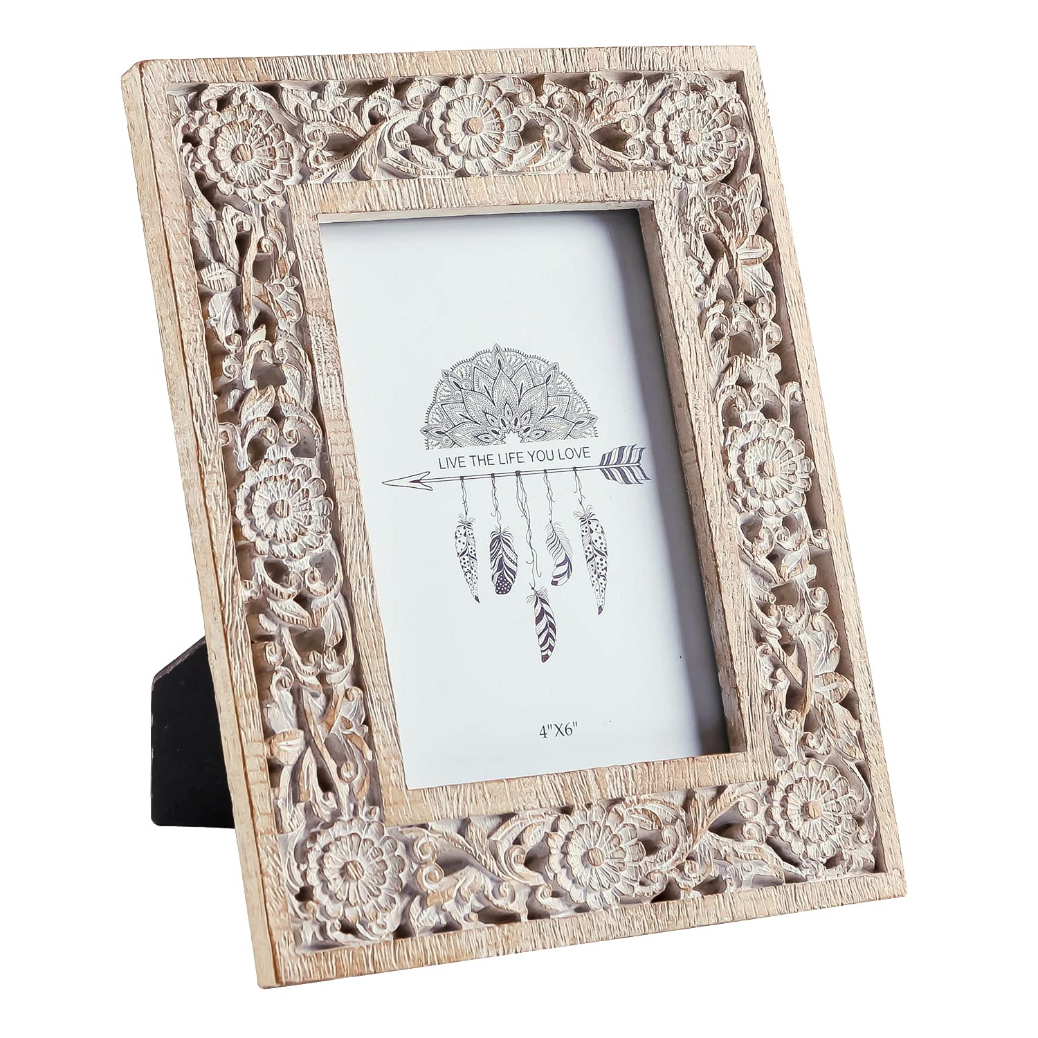 NIKKY HOME Ramka na zdjęcia w stylu boho, w kwiaty, 10 x 15 cm, żywica z postarzanym białym wykończeniem, szkło o wysokiej rozdzielczości, na ścianę i blat stołu