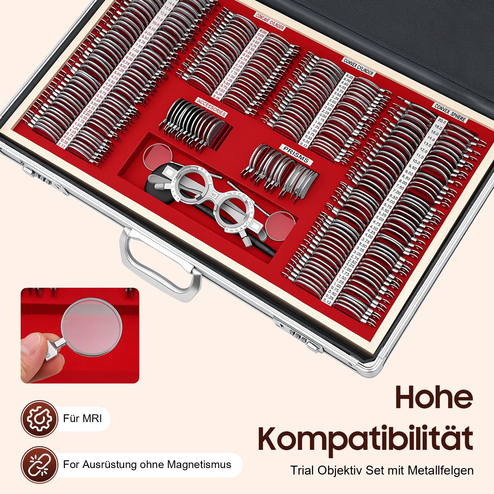 266pcs Testlinsen‑Set, Optometrie‑Kit Sehtestausrüstung Augenoptik‑Zubehör Metallrand‑Glaslinsen Aluminiumetui mit Tragegriff Proberahmen Sphären Zylinder und Prismenlinsen für Optiker Augenkliniken