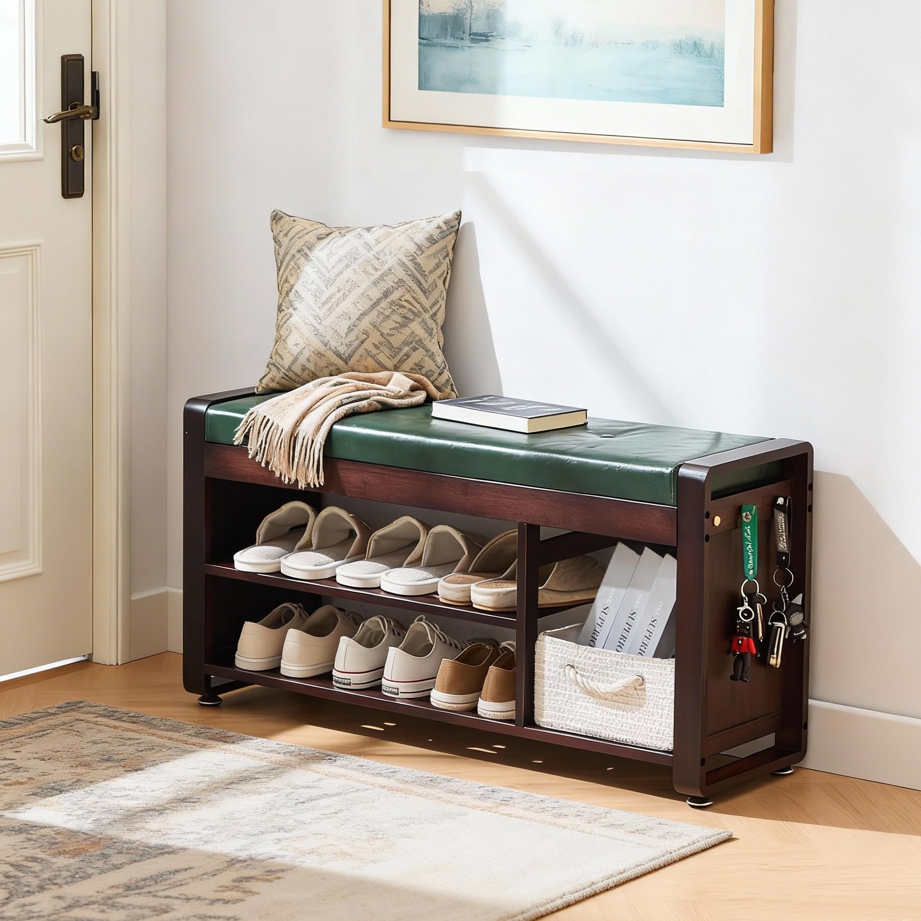 Nnewvante 37.4" Shoe Rack Bench with Leather Cushion, 3-Tier Bamboo Shoe Storage Bench with Drawer and 3 Side Hooks, Sturdy Entryway Bench Supports