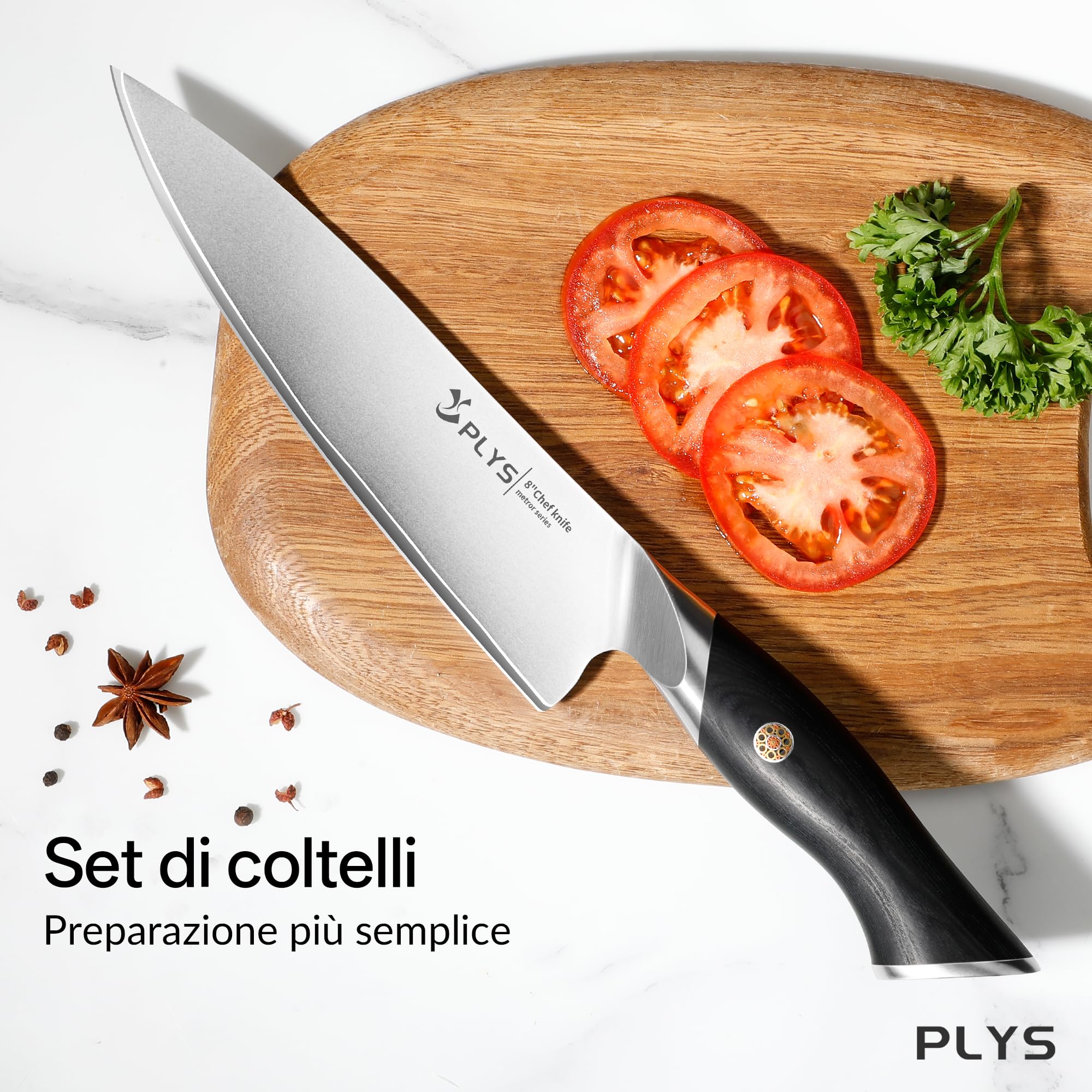 Plys Set di Coltelli da Cucina: 3 Pezzi, Acciaio Inossidabile 10cr15mov, Manico in Legno Pakka, Include Un Coltello da Chef, Un Coltello Santoku e Un Coltello Multiuso, Confezione Regalo
