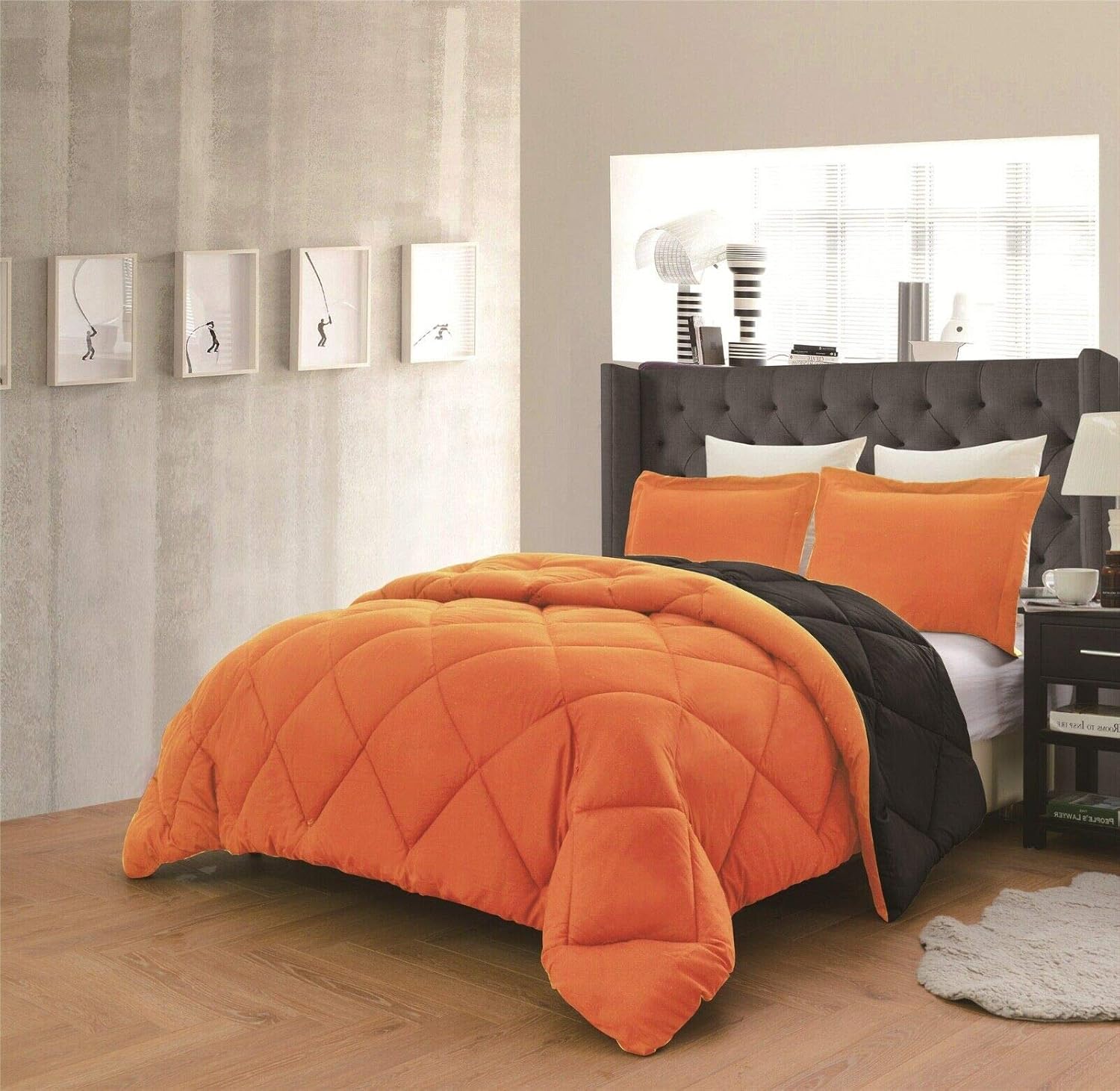 Empire Home Reversible 7 Piece Comforter Set + Sheet Set - Down Alternative - 2 Colors Each (Full, Orange/Black)