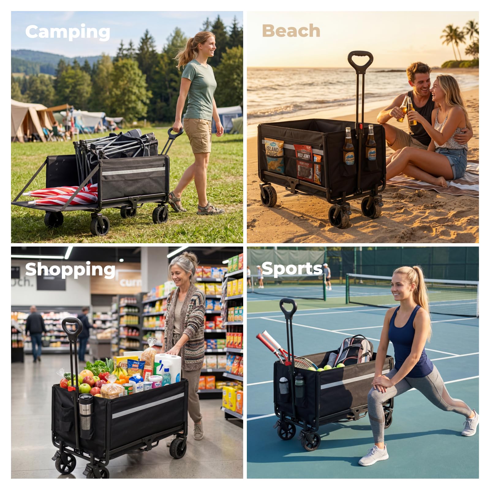 Bollerwagen Faltbar 120L+, Bis 150kg mit Heckklappe, Regenschutz, Bremsen | Reflektorstreifen, Strandwagen Klappbar, Faltbarer Bollerwagen Für Hunde, Einkaufen, Camping, Strand, Transport, Outdoor
