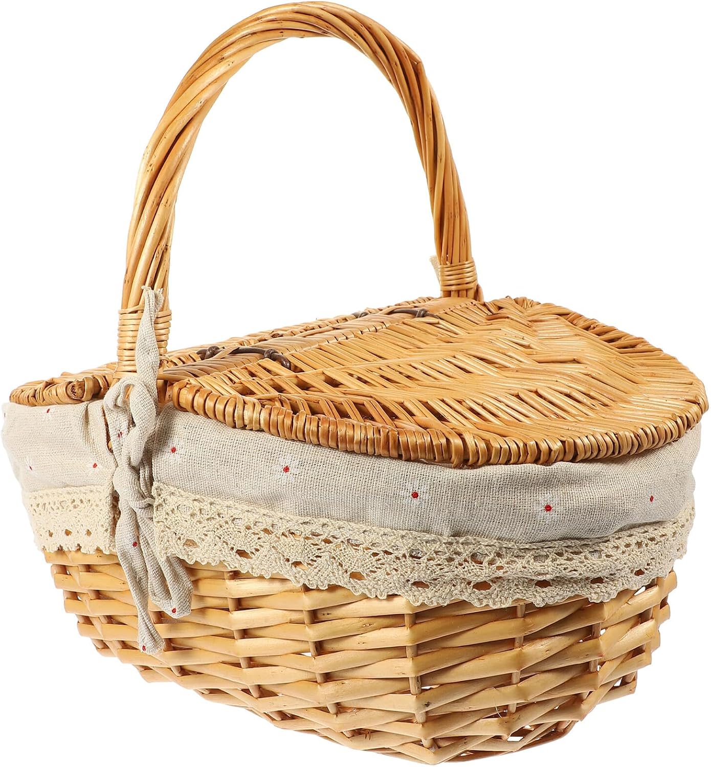 Hand-Woven Rattan Picnic Basket with Lid and Handle, Decorative Wicker Storage Basket for Outdoor Picnic and Home Organization, 35x25x17cm Rustic Style