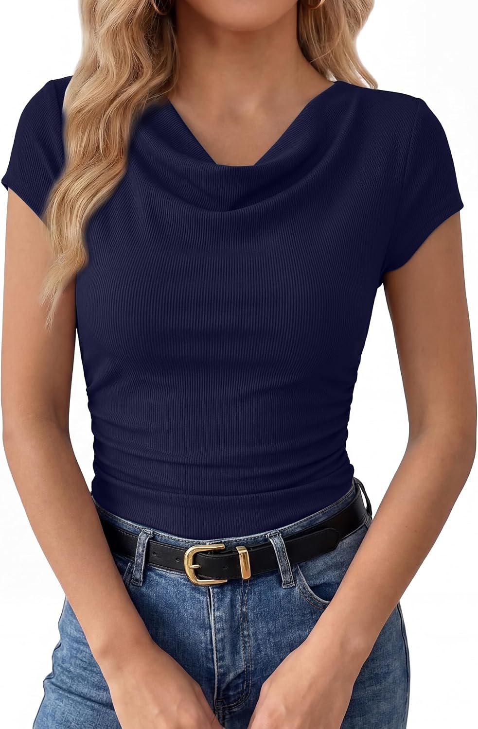 Womens Summer Cowl Neck Short Sleeve Tops Ruched Fitted T-Shirt