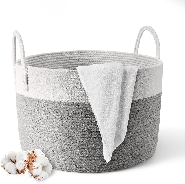 Rope Laundry Basket, Viwril Large Cotton Woven Laundry Storage Basket Dirty Clothes Hamper Woven Baby Nursery Organiser with Handle for Diaper Toy Bedroom Bathroom Storage Bins 50cm x 35cm Grey