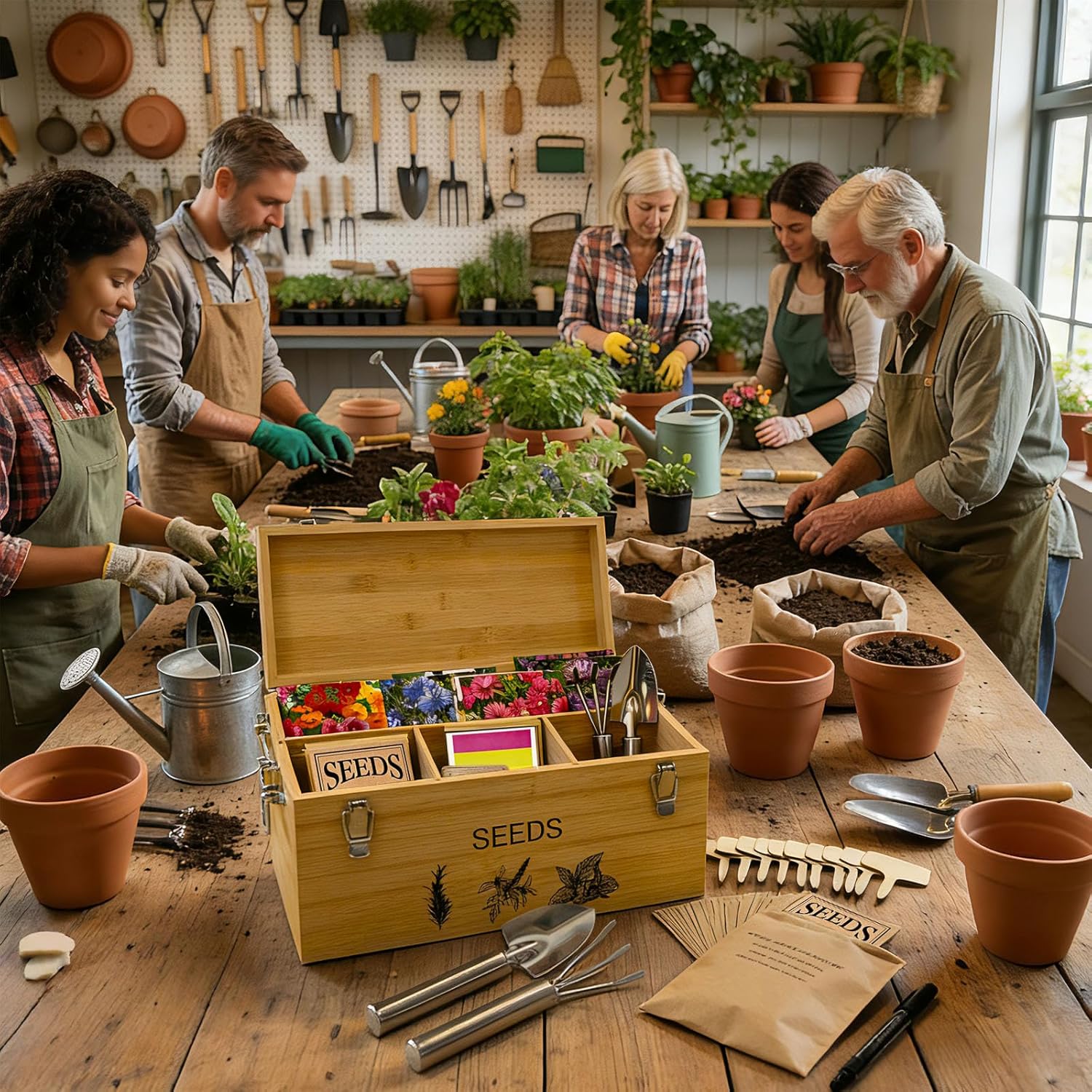 Natural Bamboo Seed Storage Organizer Box – Large Seeds Saver Kit Included Stainless Steel Garden Tools, 20 Seed Envelopes, 10 Wooden Plant Labels, Mark Pen & 3 Color Stickers