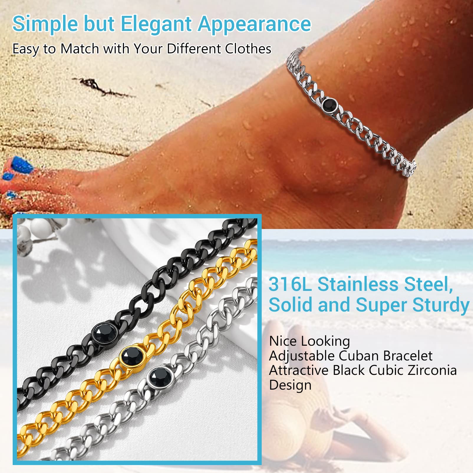 PROSTEEL Personalizable Pulsera Tobillo de Mujer Tobilleras Cubanas Grandes 7mm Ancho 22cm Largo con 5 cm Alargador, Brazalete Pie con Cristales para Nacimiento
