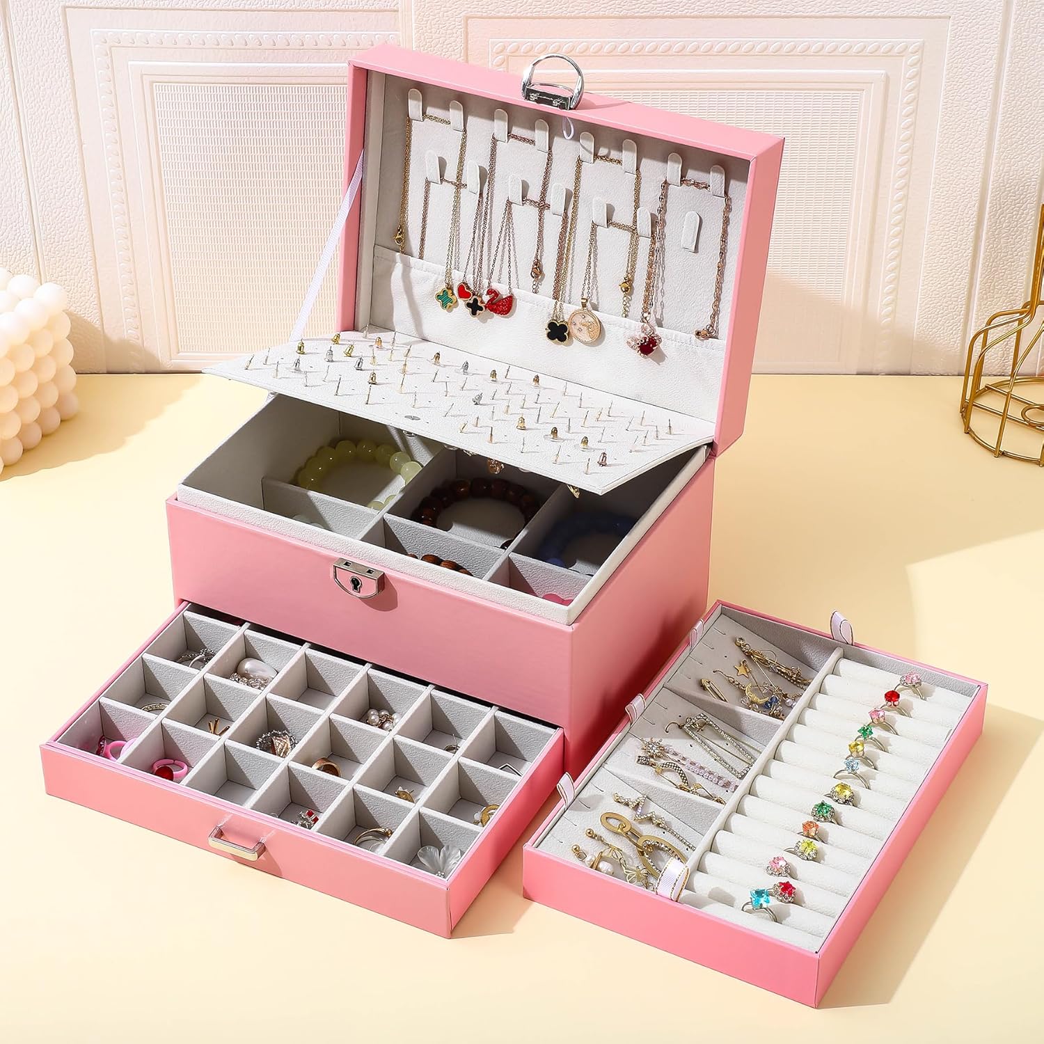 BOOVO Earring Jewelry Box For Women Girl Stud Organizer, 5 Layers Girl Jewelry Organizer Box With Lock Earring Holder Organizer Necklace Ring Jewelry Organizer Box For Girls (Pink) - Image 7