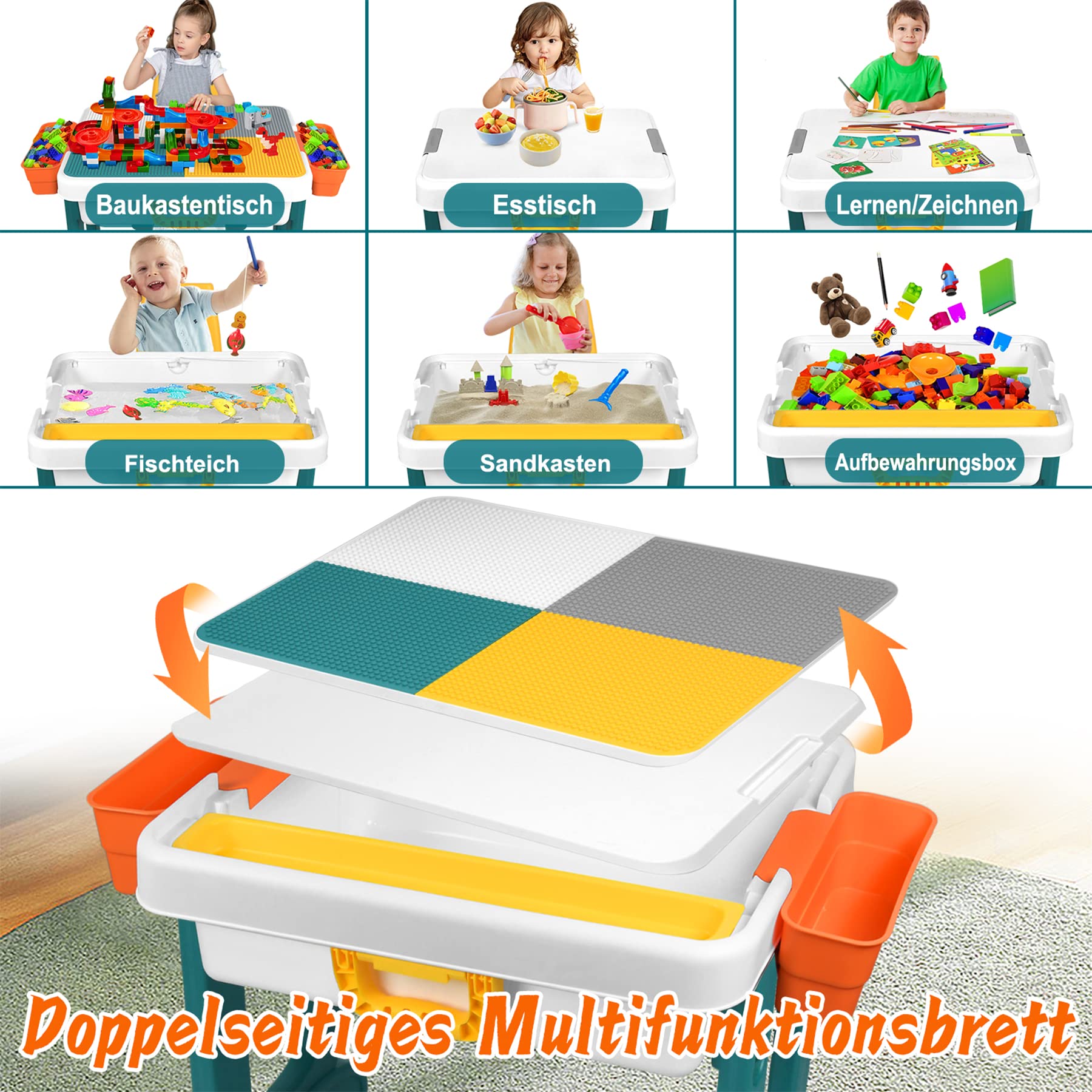 Froadp Tavolino per Bambini con 1 Sedia Tavolo Multiattivita Tavolo da Gioco con Scatola di Immagazzinaggio Blocchi da Costruzione Set di Tavoli e Sedie per Ragazzi e Ragazze (Tipo B)