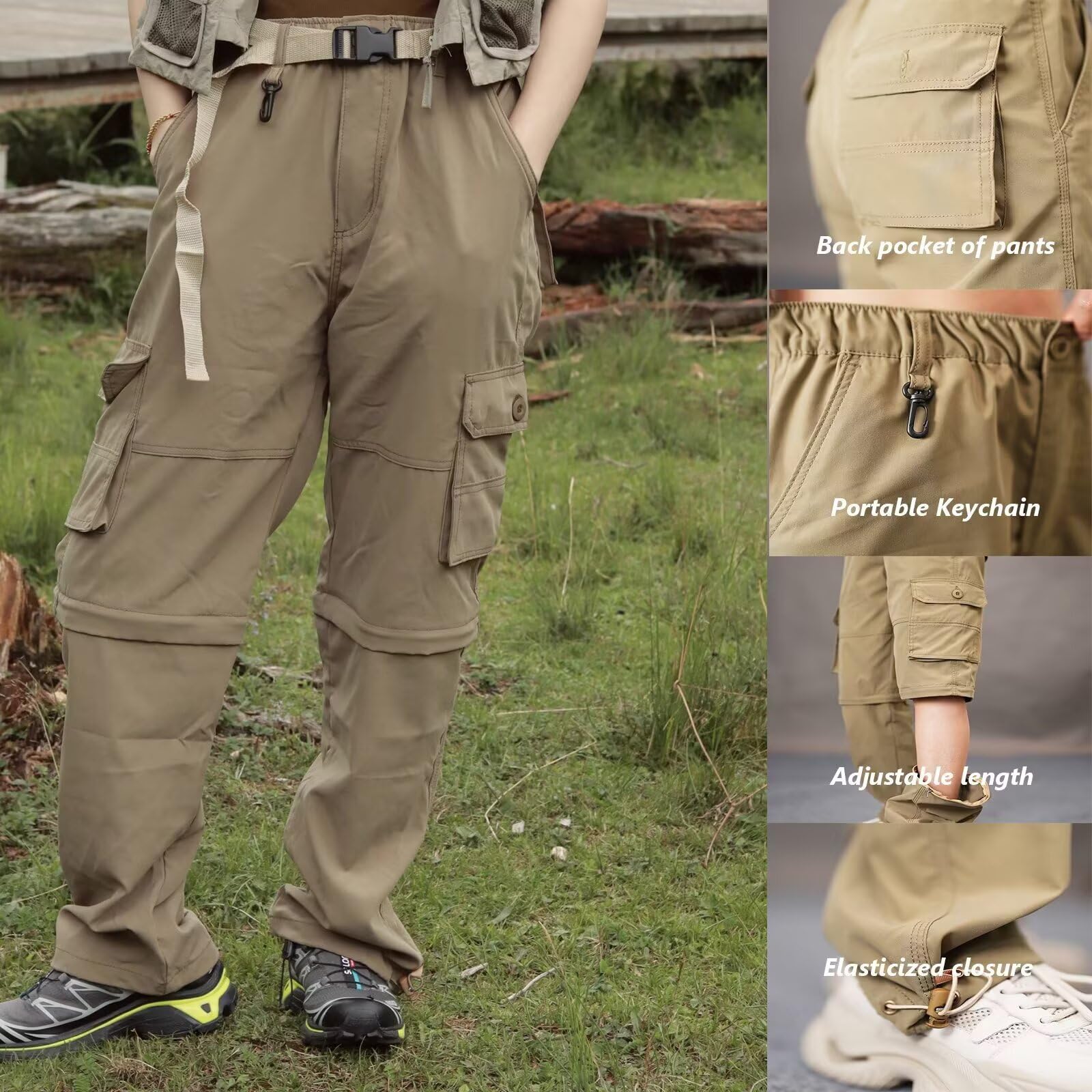 Pantalon de randonnée zippé pour femme - Séchage rapide - Pantalon de trekking - Jambes amovibles - Respirant - Pantalon cargo d'été - Pantalon fonctionnel avec ceinture - 6 poches