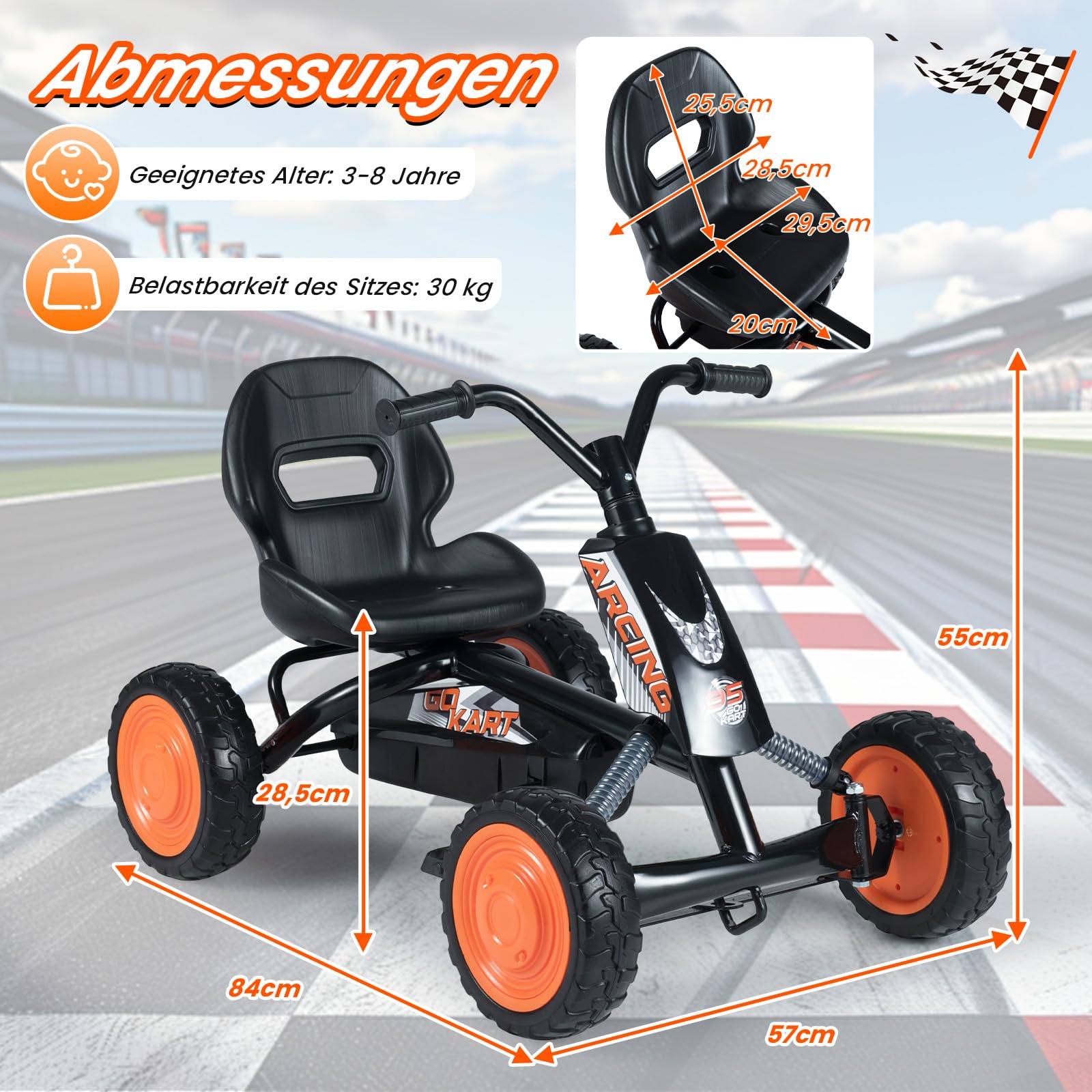 COSTWAY Kinder Gokart mit Pedal, Go Kart mit verstellbarem Sitz, Vor- & Rückwärtsgang, Tretauto bis 30 kg belastbar, Tretfahrzeug Outdoor mit Reifen für Jungen & Mädchen ab 3 Jahren (Schwarz)