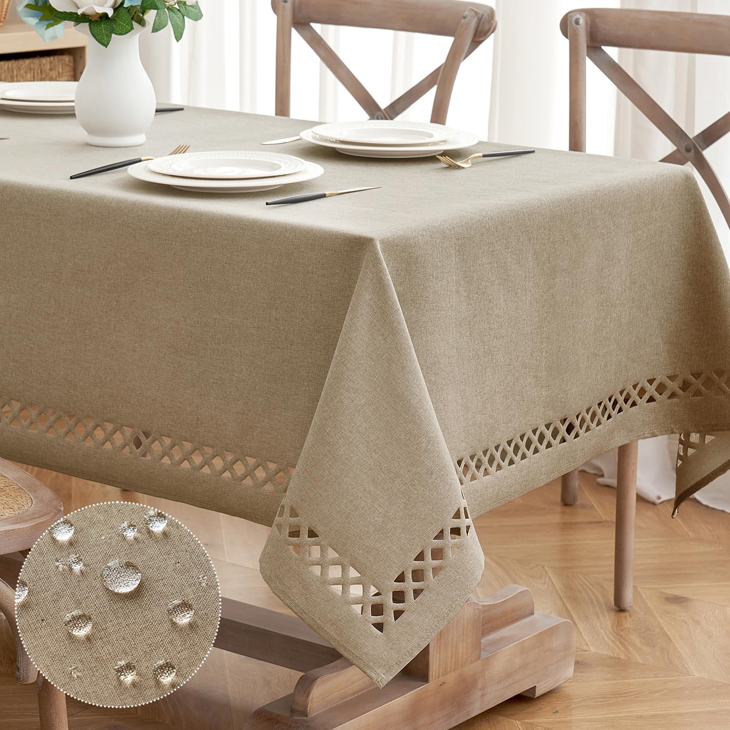 (Color white)MIULEE Beige Thick Polyester Linen Rectangle Tablecloth Decorative Cutouts Waterproof Stain and Wrinkle Resistant Table Cloth Burlap Farmhouse Table Cover for Dining Party Wedding, 55 x 84 inch 84\" x 55\" (Rectangular) Beige