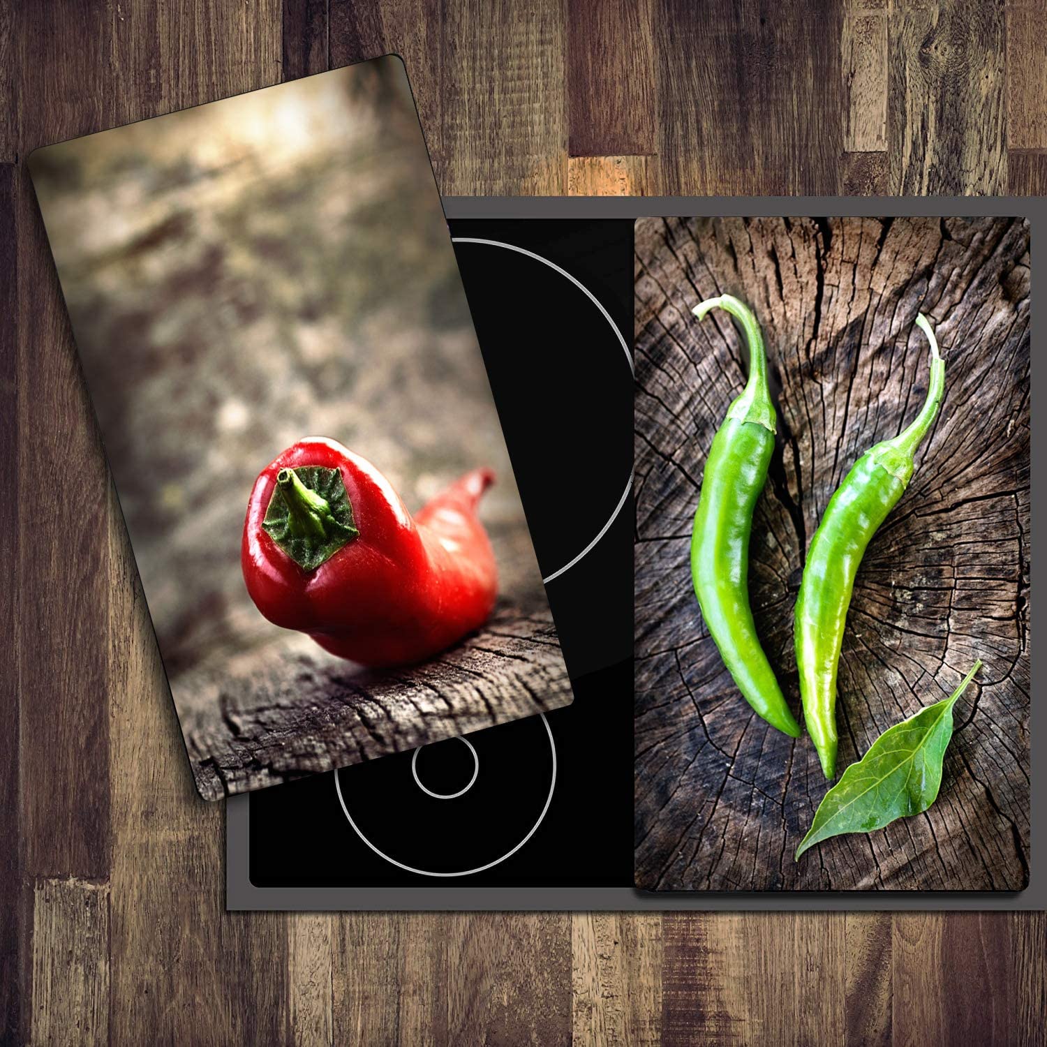 Lot de 2 cache-plaques vitrocéramiques - 60 x 52 cm - 30 x 52 cm chacune - Protection pour cuisinière à induction - Plaque décorative en verre à découper - Protection contre les éclaboussures (piment)