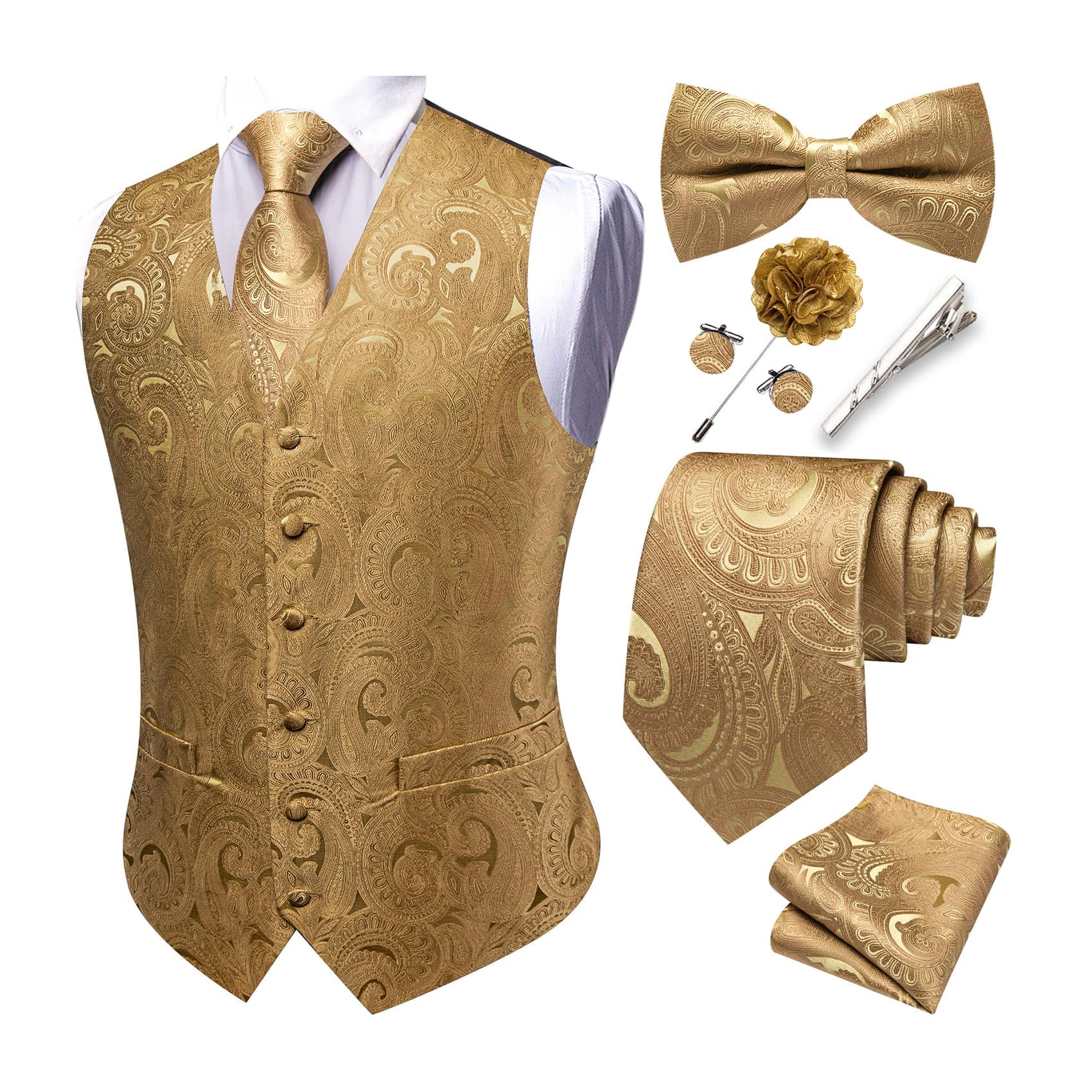 Barry.Wang Chaleco de cachemira para hombre, conjunto de corbata, corbata, pañuelo y gemelos de solapa para boda, 8 unidades