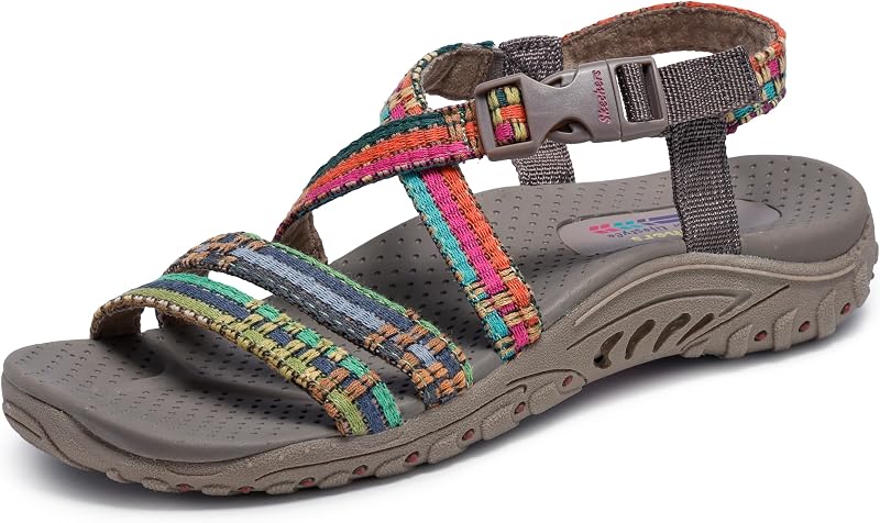 Skechers Women's Reggae Sew Me Boho Woven Strappy Slingback Sandal | Machine Washable, Vegan, Arch Support Footbed, Woven Nylon Upper, Adjustable Buckle Strap