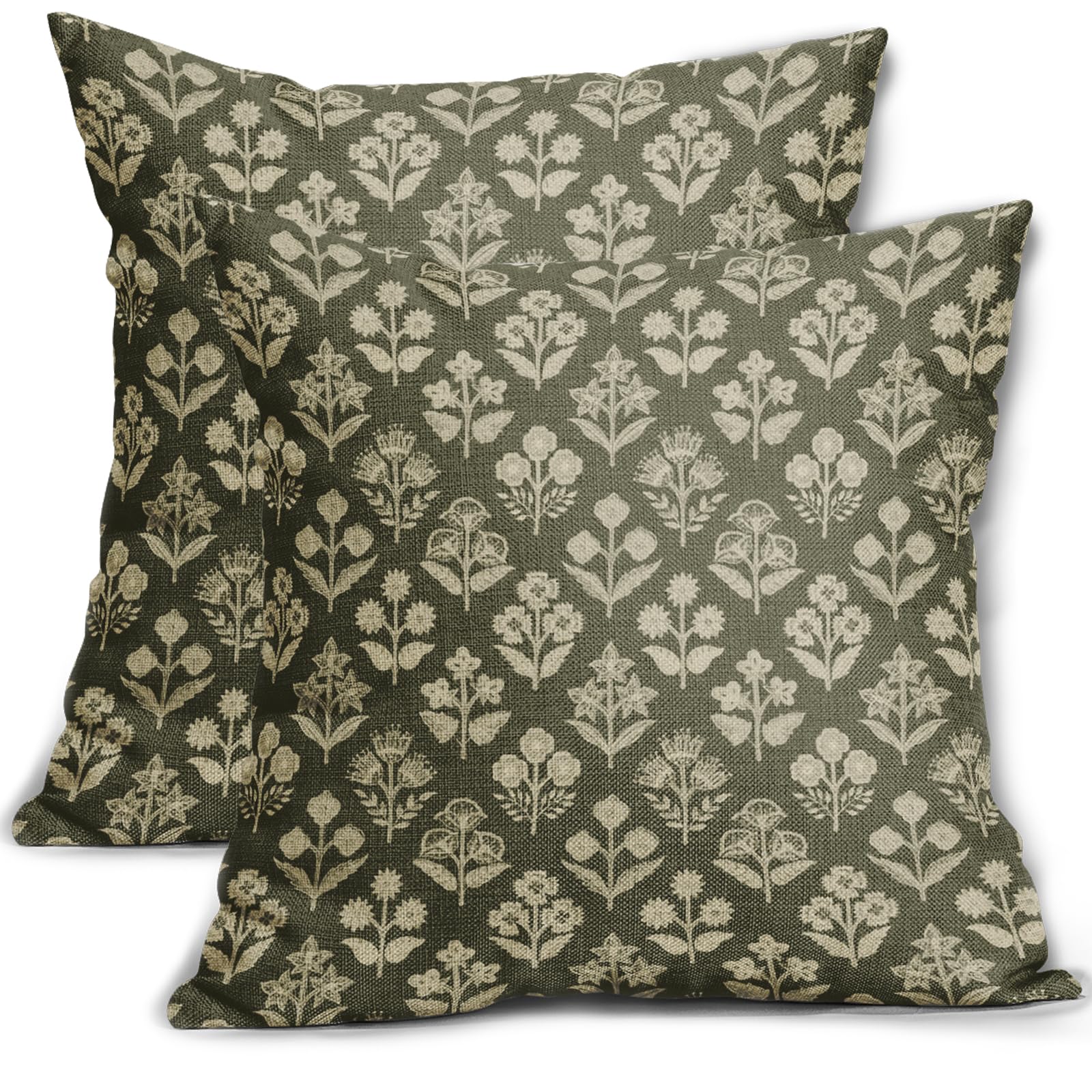 Amazon.com: Olive Green Floral Block Print Pillow Covers 18x18