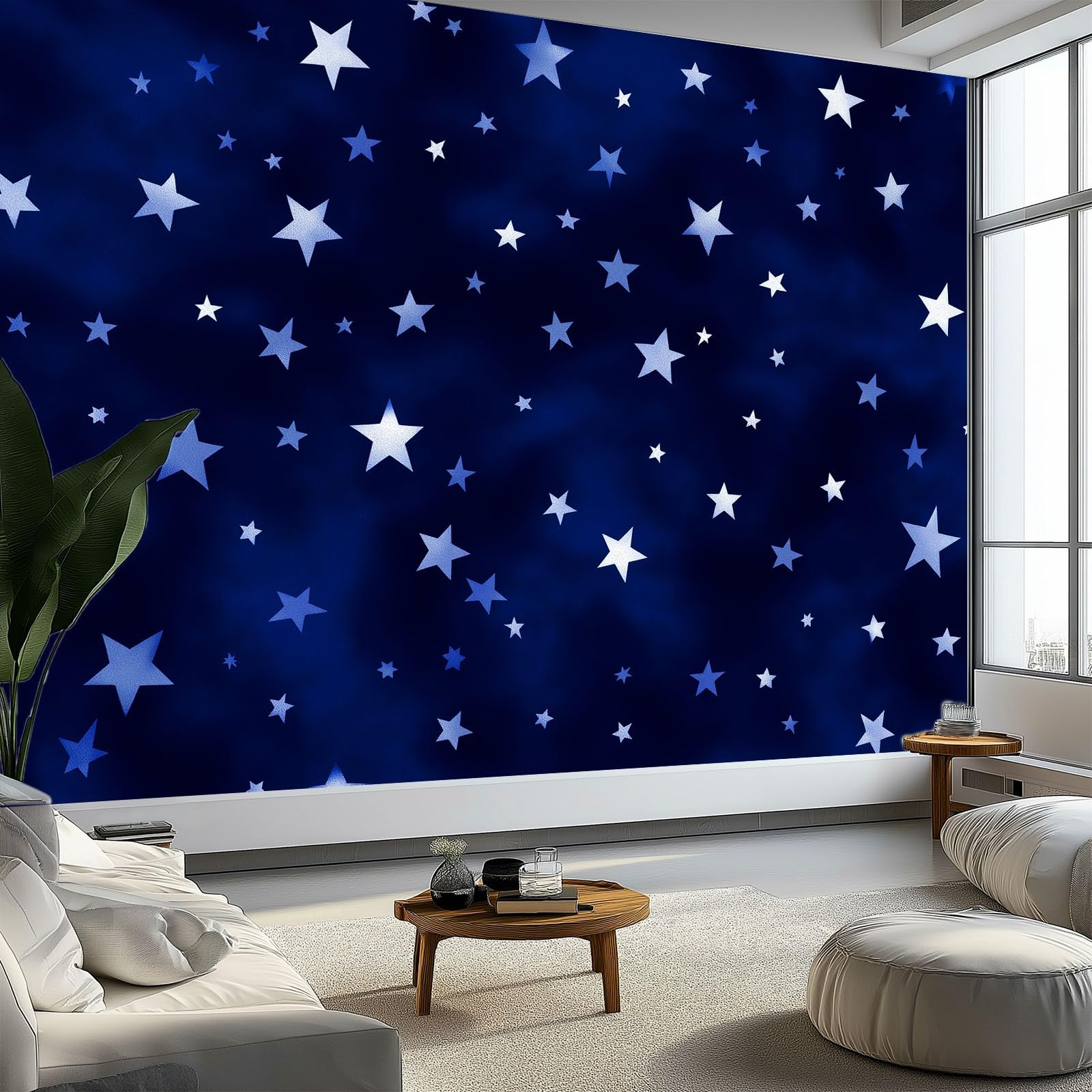 Fototapeta z włókniny, motyw niebiański, tapeta 400 x 280 cm (szer. x wys.), nowoczesna tapeta z włókniny, efekt 3D, dekoracja ścienna, minimalistyczne gwiazdy, paski, tapeta ścienna, do salonu