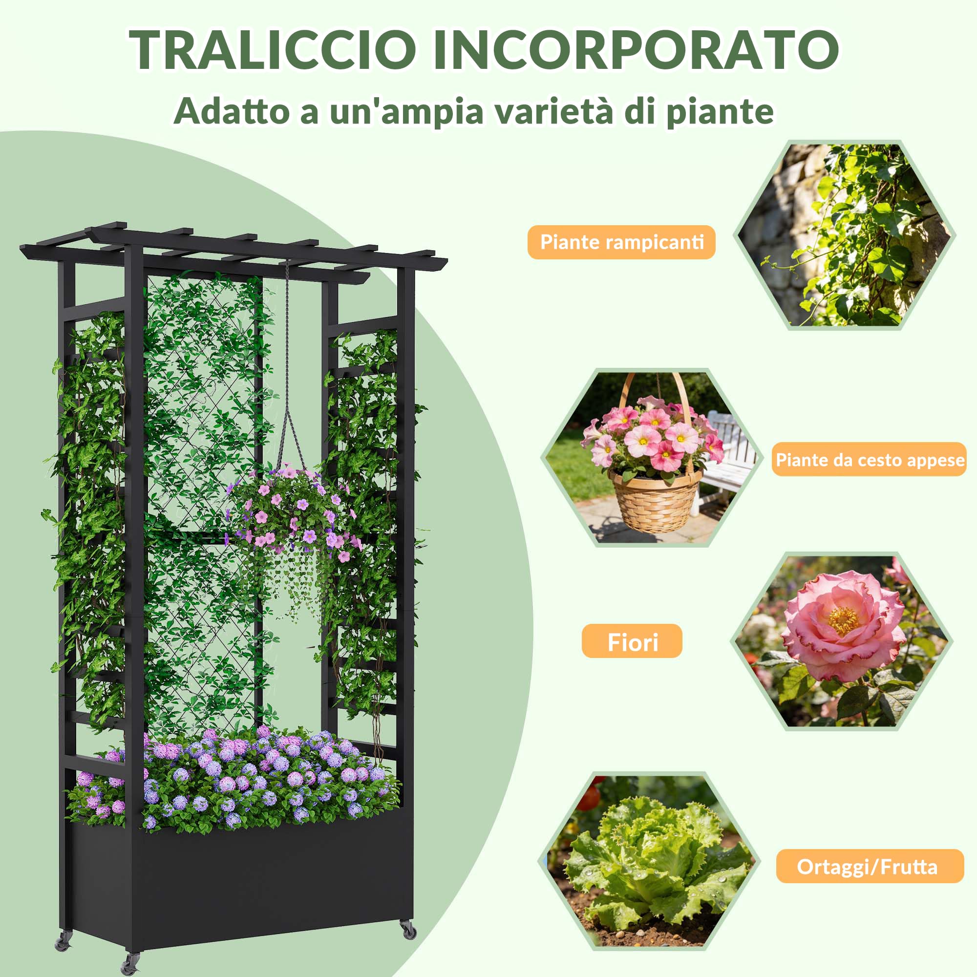 Aiuola rialzata con traliccio e tetto sospeso, fioriera in metallo indipendente con ruote, fioriera rialzata mobile per interni ed esterni per viti, piante rampicanti, fiori, per giardino, patio