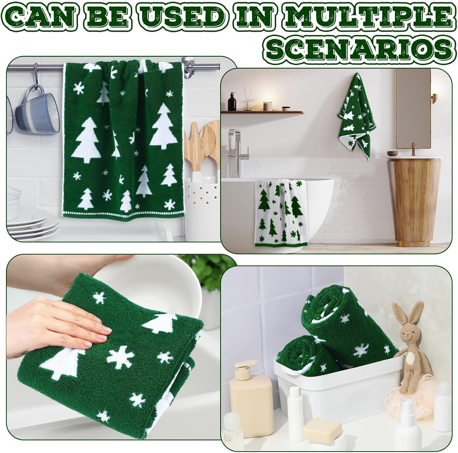 Tudomro 2 Pcs Christmas Hand Towels Christmas Green Tree Bathroom Winter Decorative Towels 100% Cotton Thick Jacquard Weave Bath Decor Holiday Bathroom Decor for Kitchen Xmas Gifts - Image 7