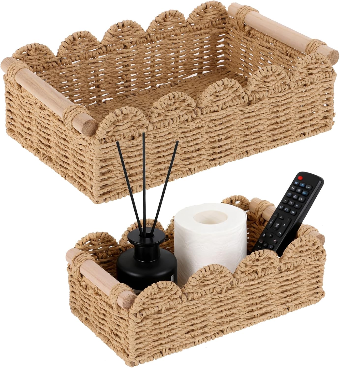 2 Set Paper Rope Scalloped Edge Decor Baskets for Toilet Tank Top, Living Room, Bedroom, End Table, Shelves with Wooden Handle, Both Small Items, Beauty Products, Cleaning Supplies