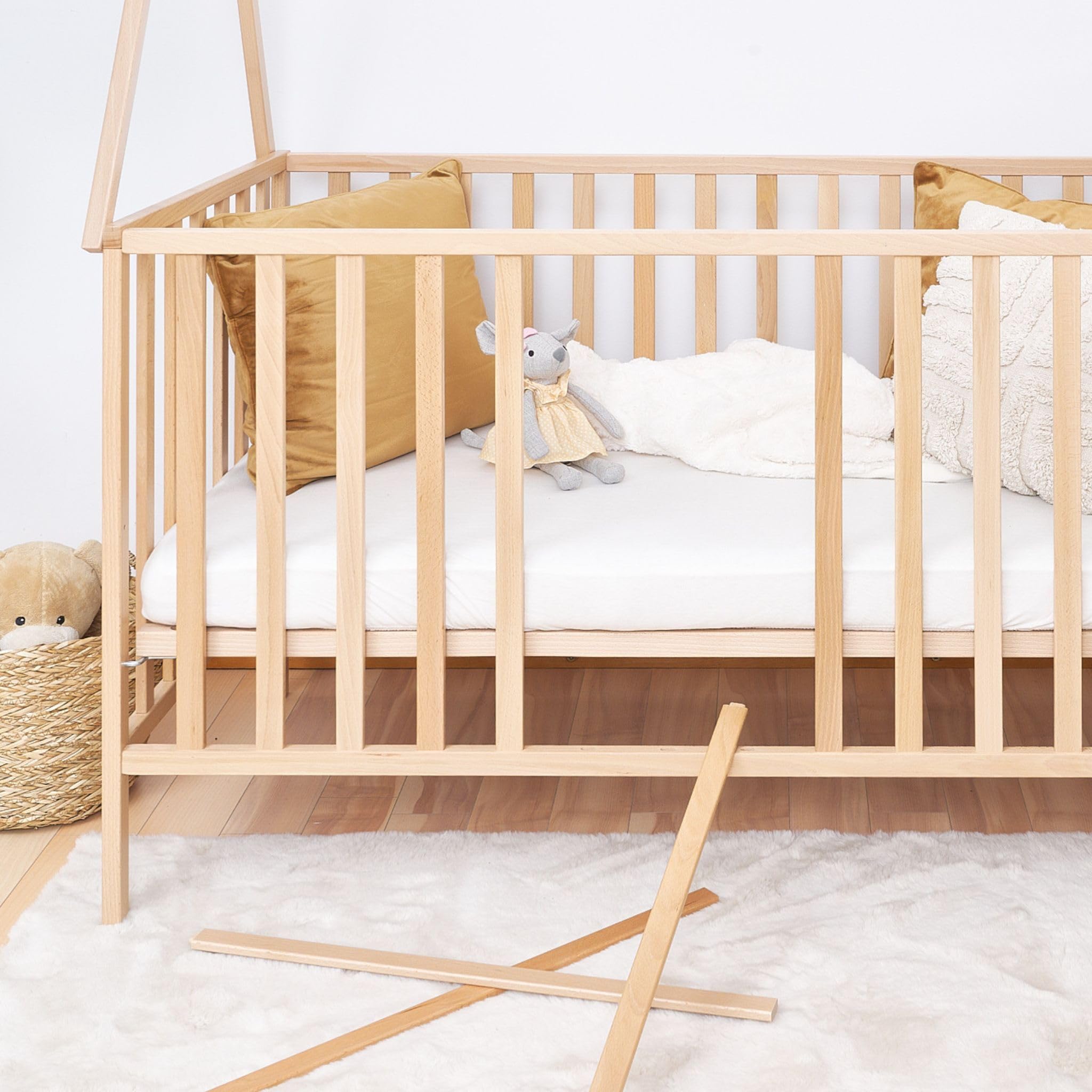 ATB - Lit Bébé Evolutif 120x60 - Convertible Bois Naturel - Design Enfant - Tipi - 60x120 Dimension - Lits pour Chambre Enfant - Mobilier