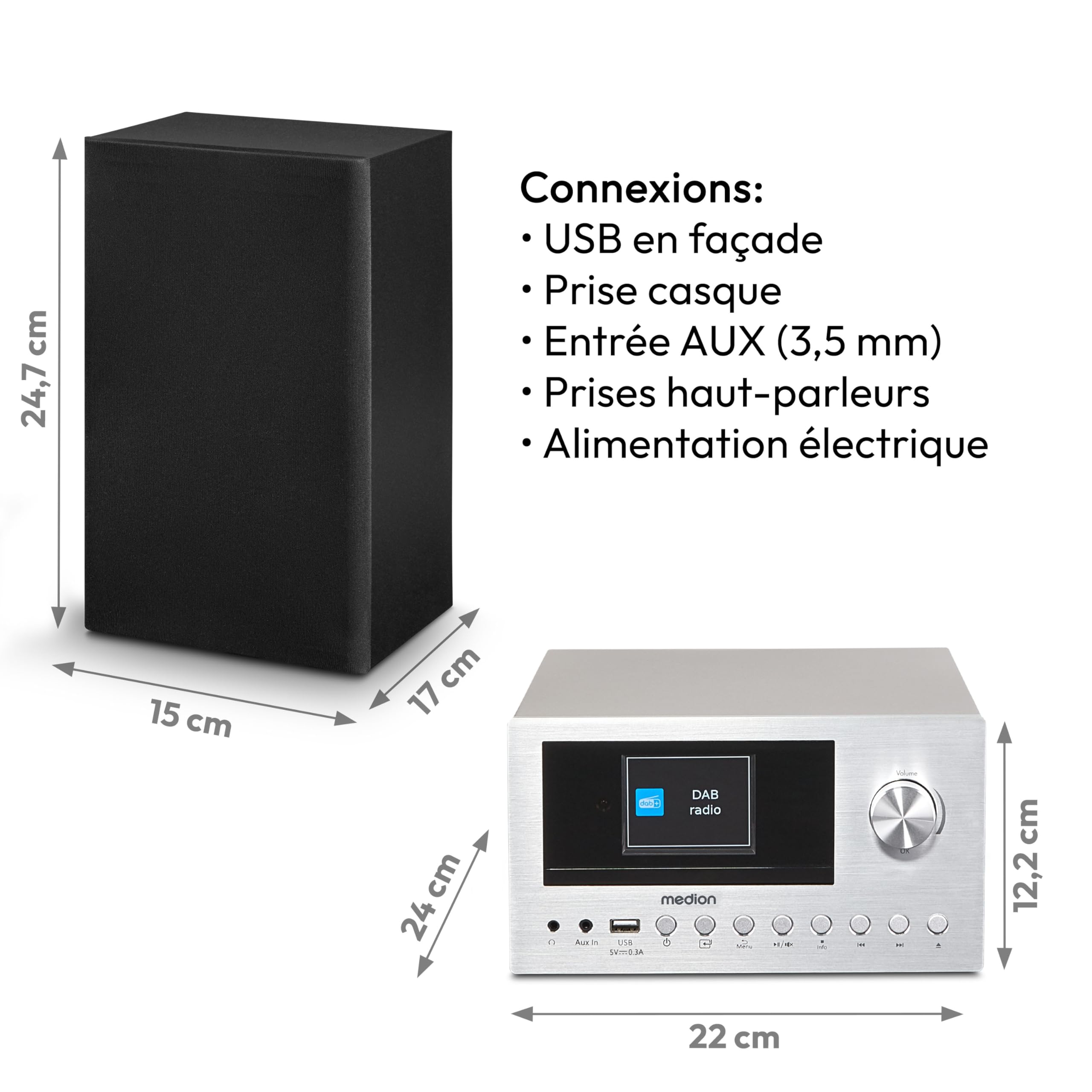 MEDION P85003 Mini Chaîne HiFi avec Lecteur CD (WiFi, Bluetooth, Radio Internet, Dab +, USB, AUX, Égaliseur, Écran Couleur TFT avec télécommande, 2X 15 W RMS) Argent
