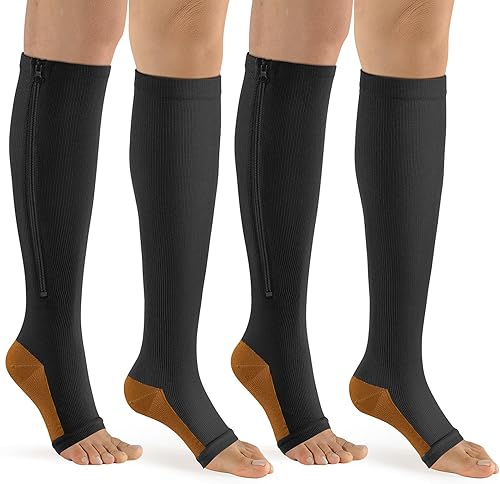 bropite Calcetines de compresión con cremallera para mujer y hombre - 2 pares, hasta la pantorrilla y la rodilla, 15-20 mmHg, punta abierta,
