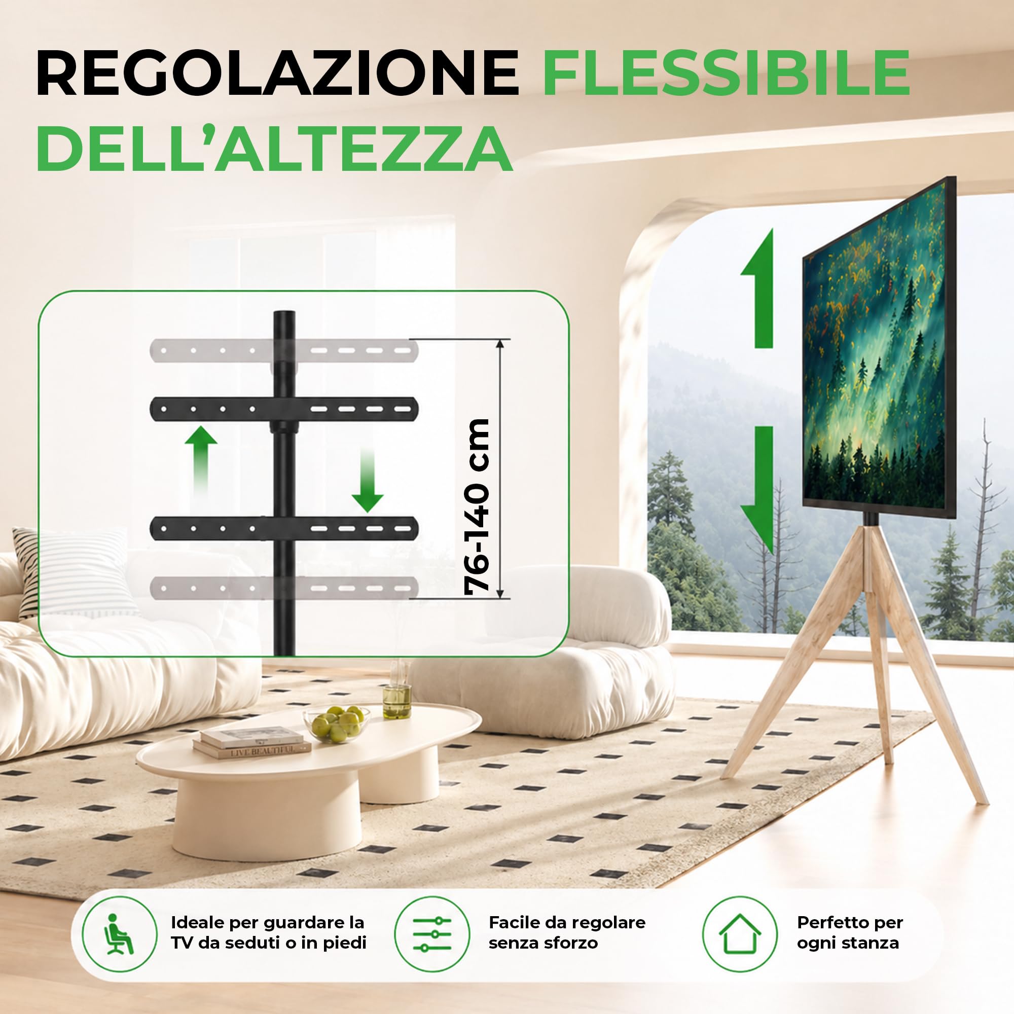 Argo - Supporto per TV Tripod, altezza fino a 140 cm, girevole a 360 gradi, per TV da 32 a 65 pollici, fino a 40 kg, max. VESA 400 x 400 mm, base TV in rovere invecchiato