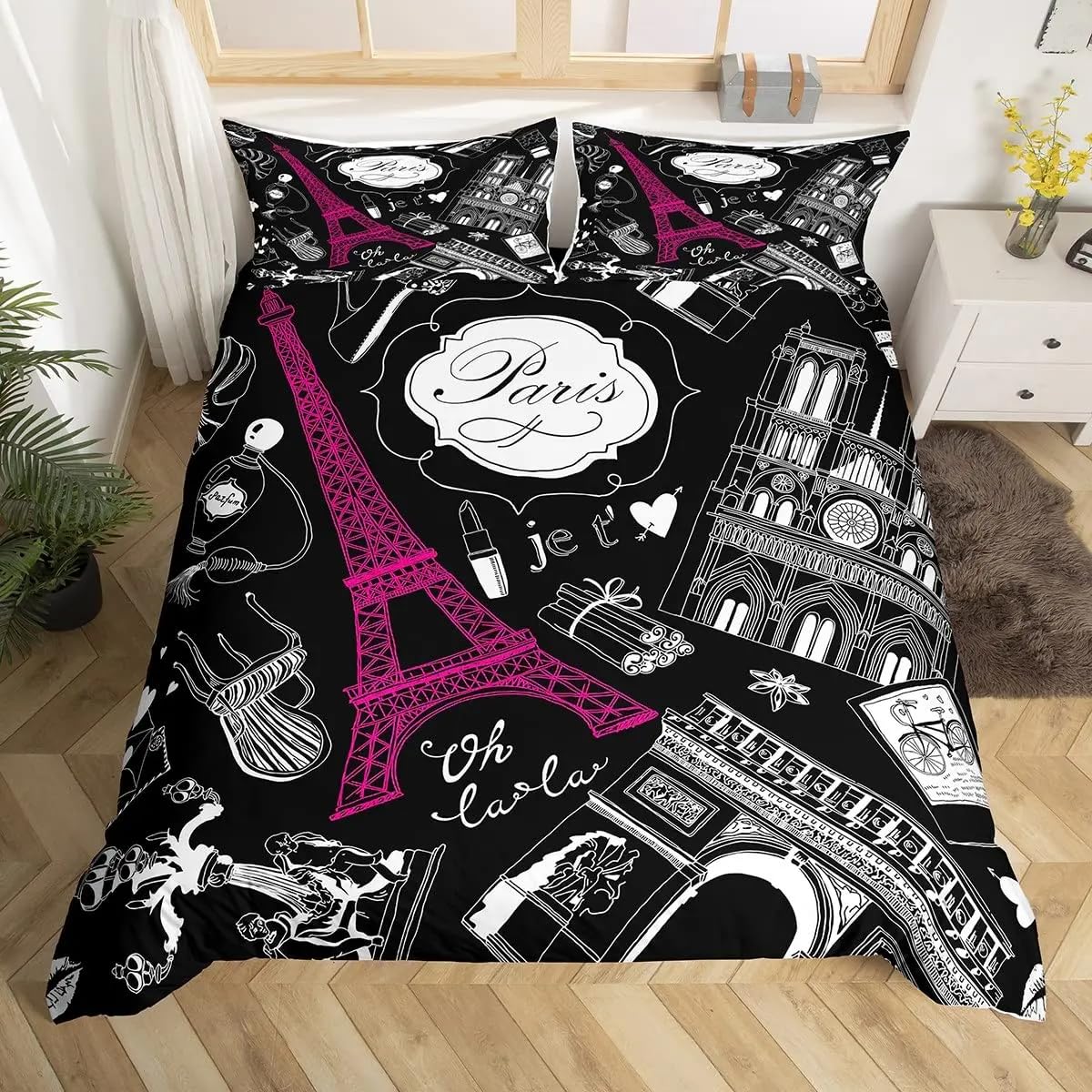 QBIDCSX King Size Duvet Cover Sets Paris King Size Bedding Sets Patterned Bed ding 230x220 cm and 2 Pillowcases 50x75 cm with Zipper - Warm & Ultra Soft Brushed Microfiber