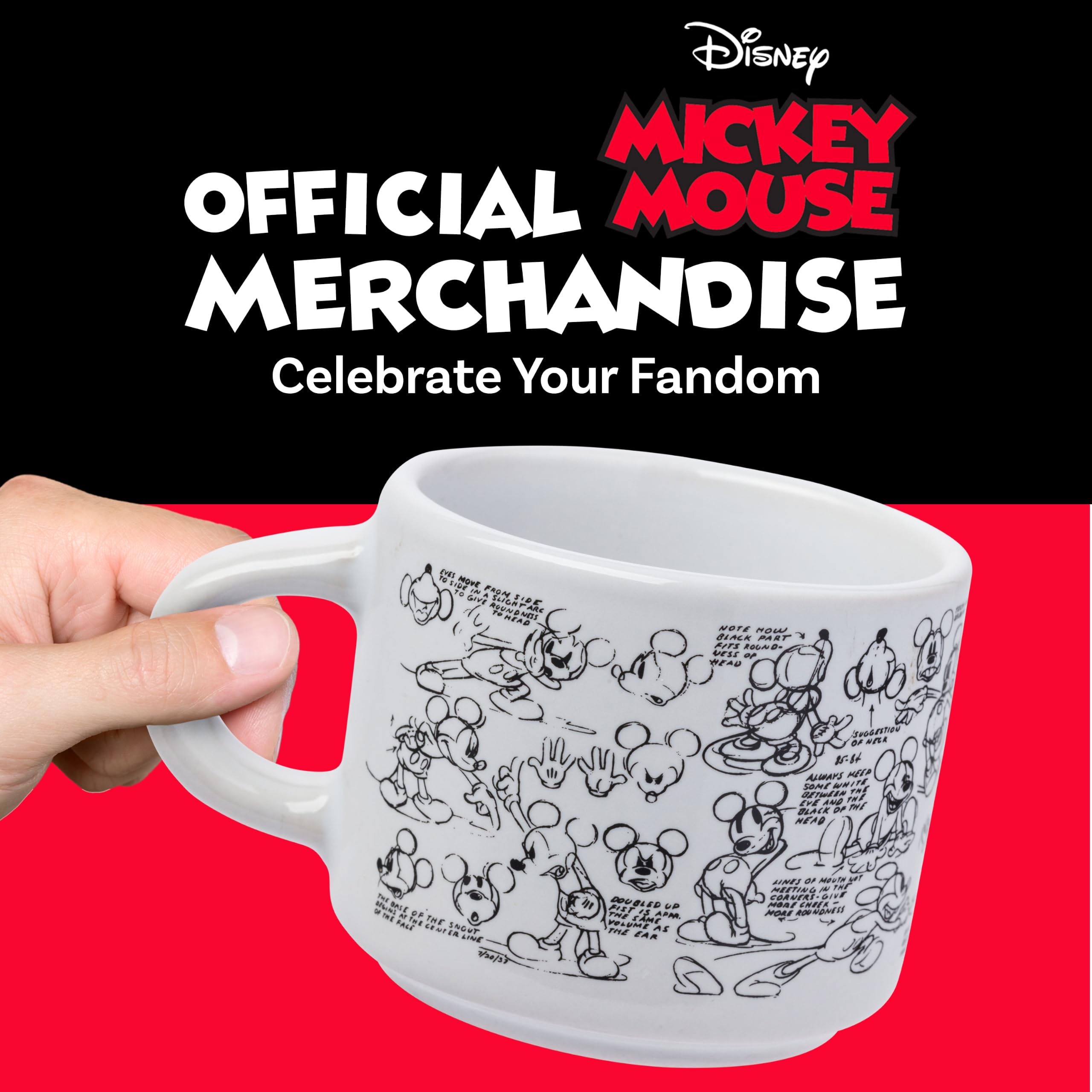 Silver Buffalo Disney Mickey Mouse Vintage Sketches Art 4-teiliges stapelbares Keramik-Espresso-Tassen-Set, 85 ml
