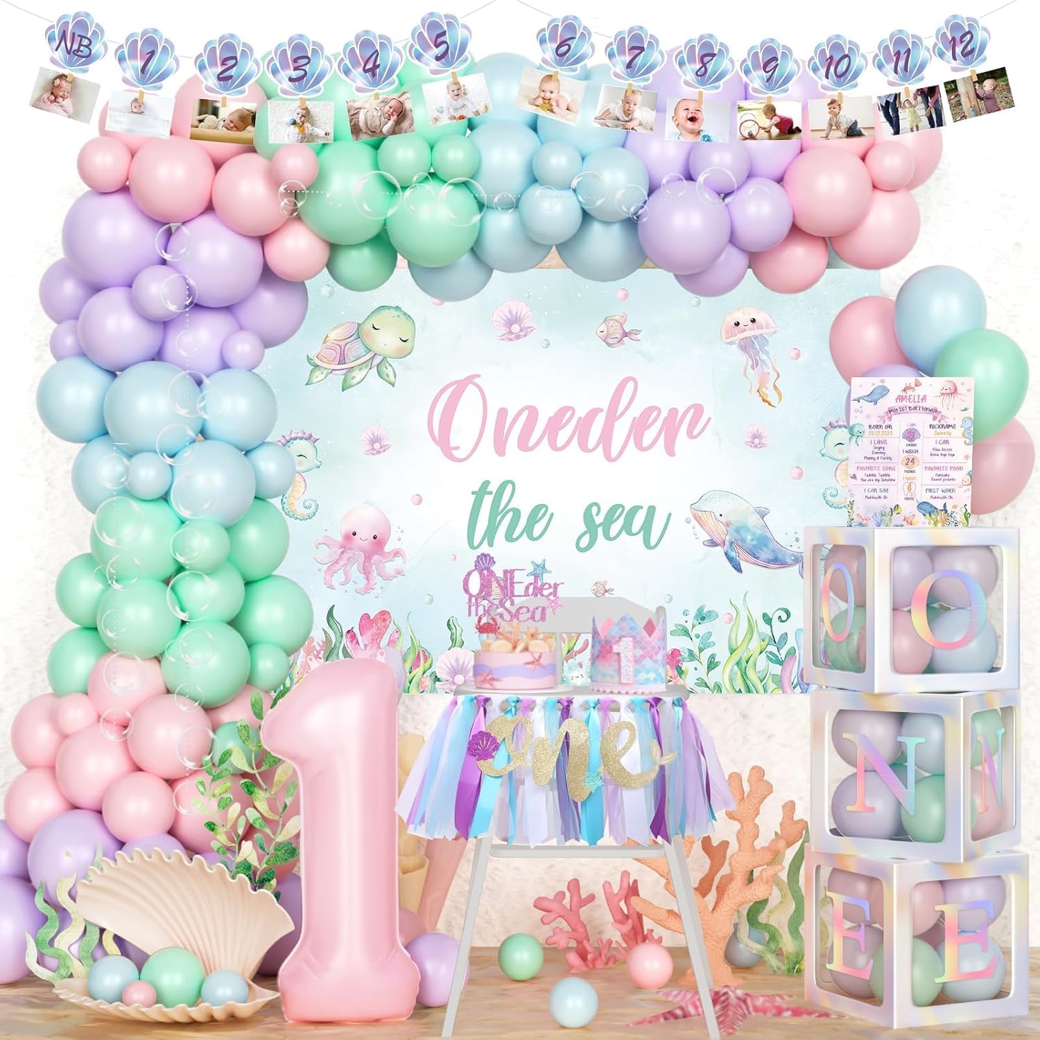 Under The Sea 1 Year Old Party Decoration, Ocean Animal First Birthday Party Decorations, 1st Birthday Decorations for Girl, Backdrop Banner Balloon Cake Topper Crown Box Cutouts