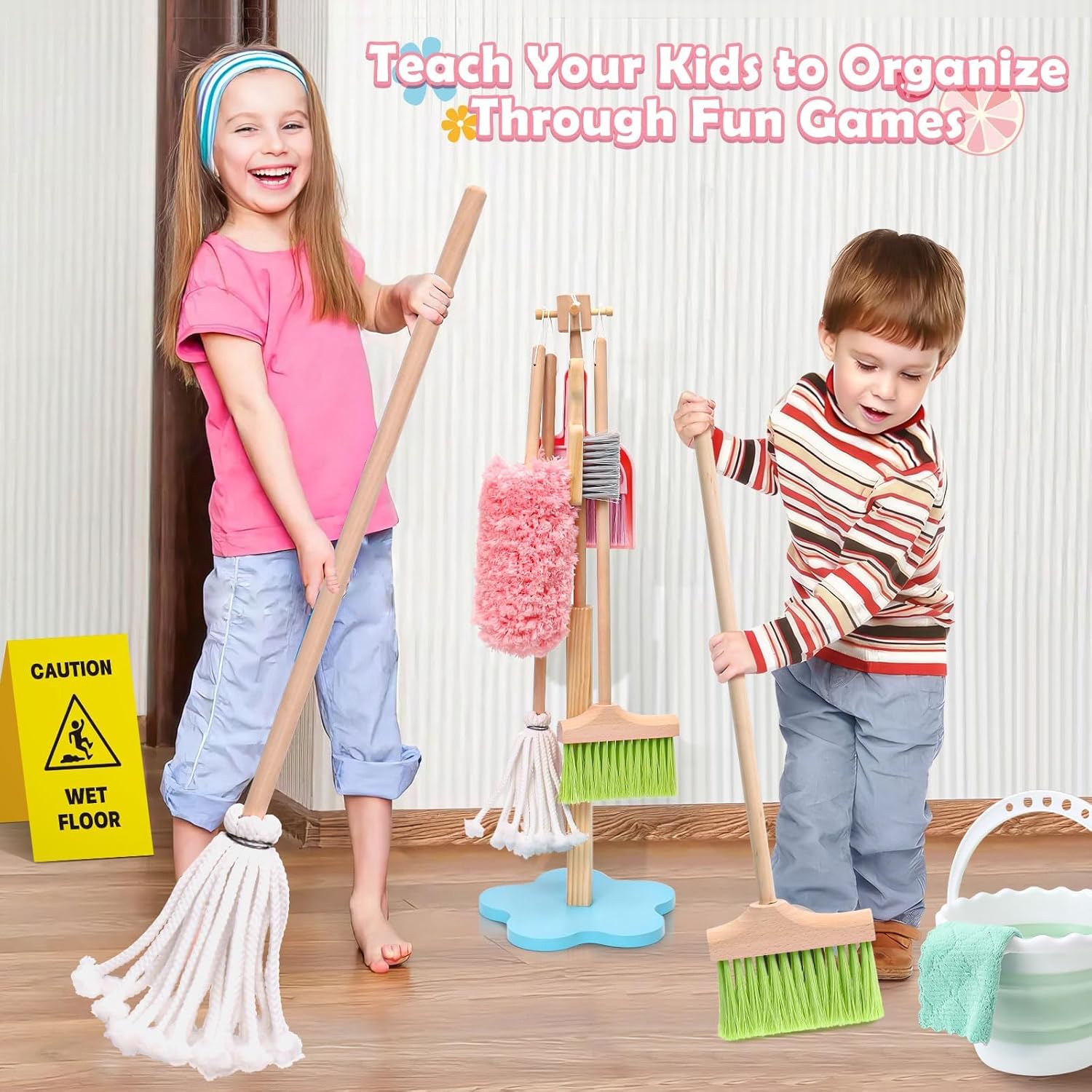 Lonico Wooden Kids Cleaning Toy Set for Toddlers Mop Broom and Dustpan Set, 12 Pcs Detachable Housekeeping Playset with Bucket Duster Brushes Pretend Play Cleaning Toys Gift for Boy Girl Age 3 4 5 6