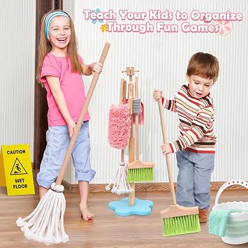 Lonico Wooden Kids Cleaning Toy Set Mop Broom and Dustpan Set, 12 Pcs Detachable Housekeeping Playset with Bucket Duster Brushes Pretend Play Cleaning Toys Gift for Boy Girl Age 3 4 5 6