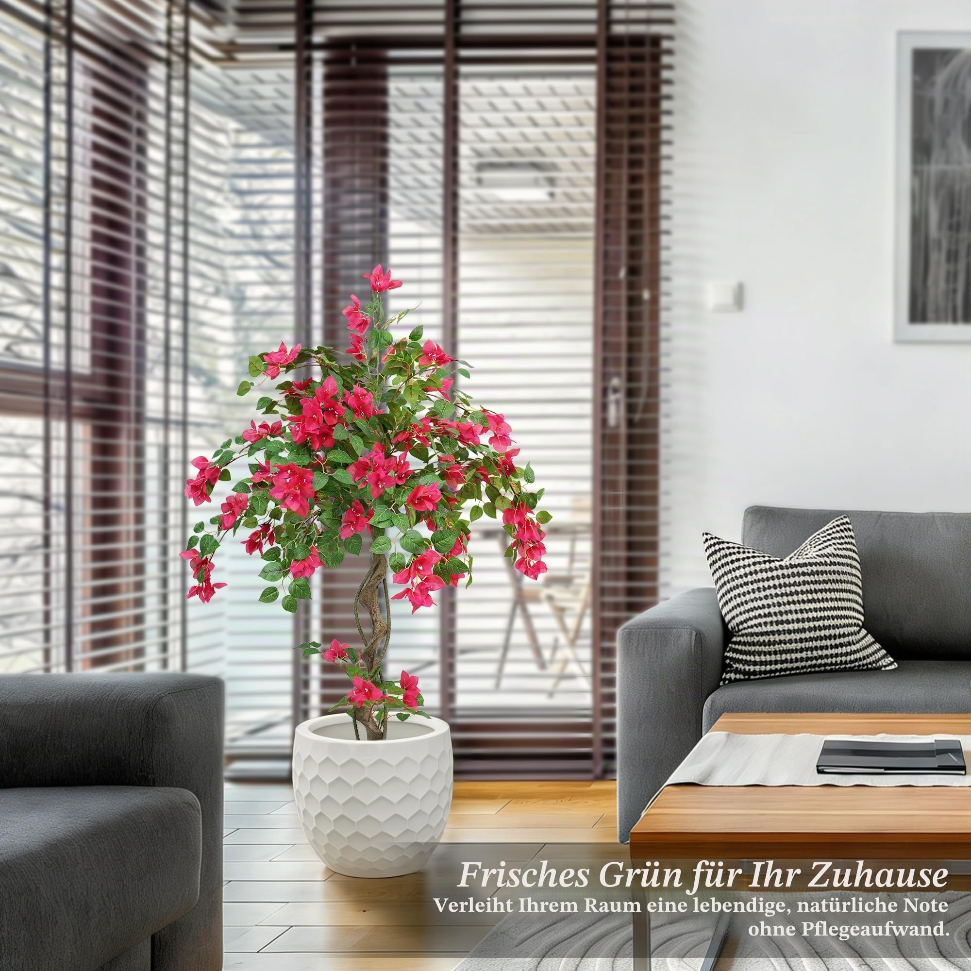 Kunstpflanze wie echt Künstlicher Bougainvillea Baum im Topf 140cm | Künstliche Pflanzen Groß mit Blüten, UV-beständige PE Blätter, Kunstbaum Wetterfest für Wohnzimmer Eingang Flur Balkon Garten