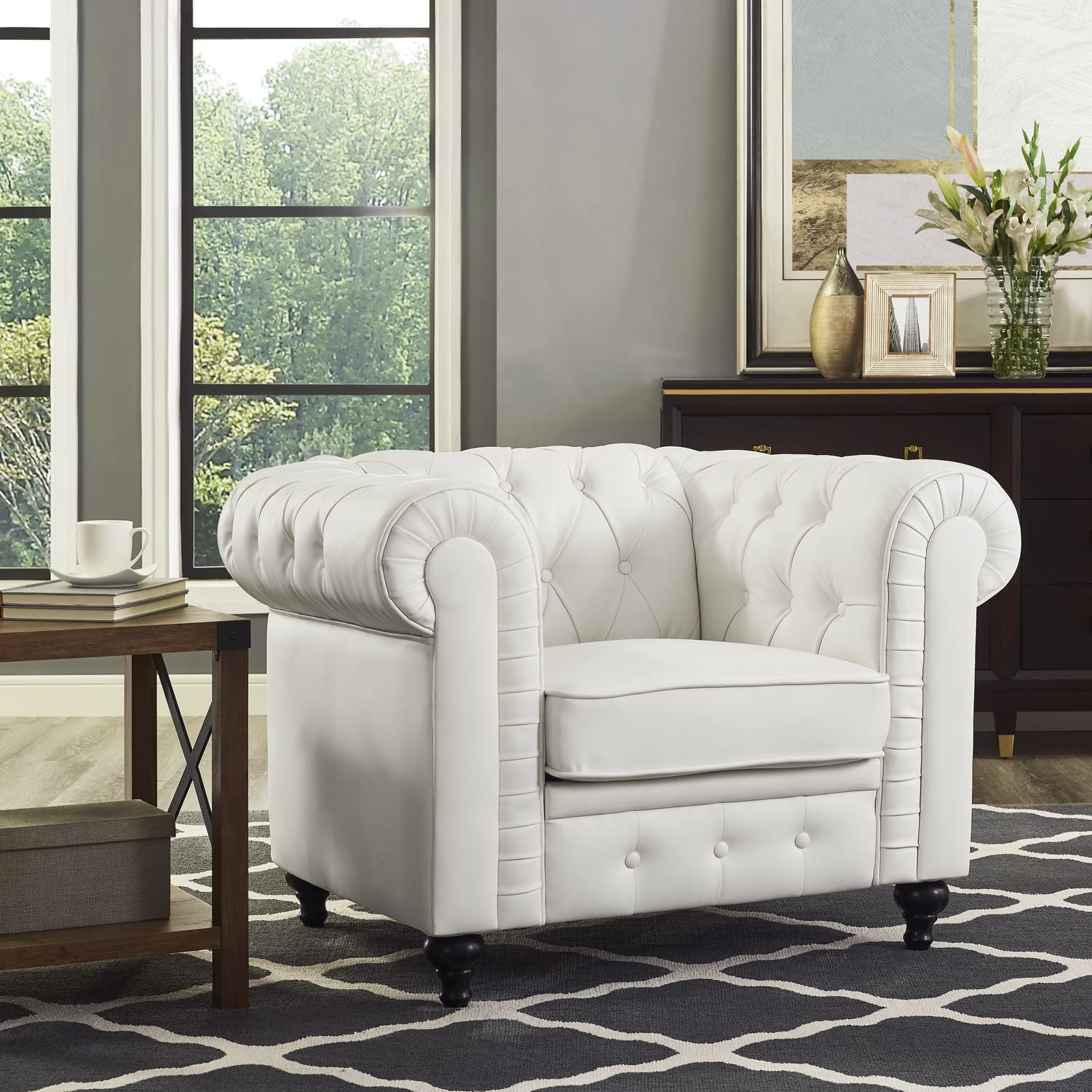 Emery Chesterfield Sofa Set White/Accent Chair Only